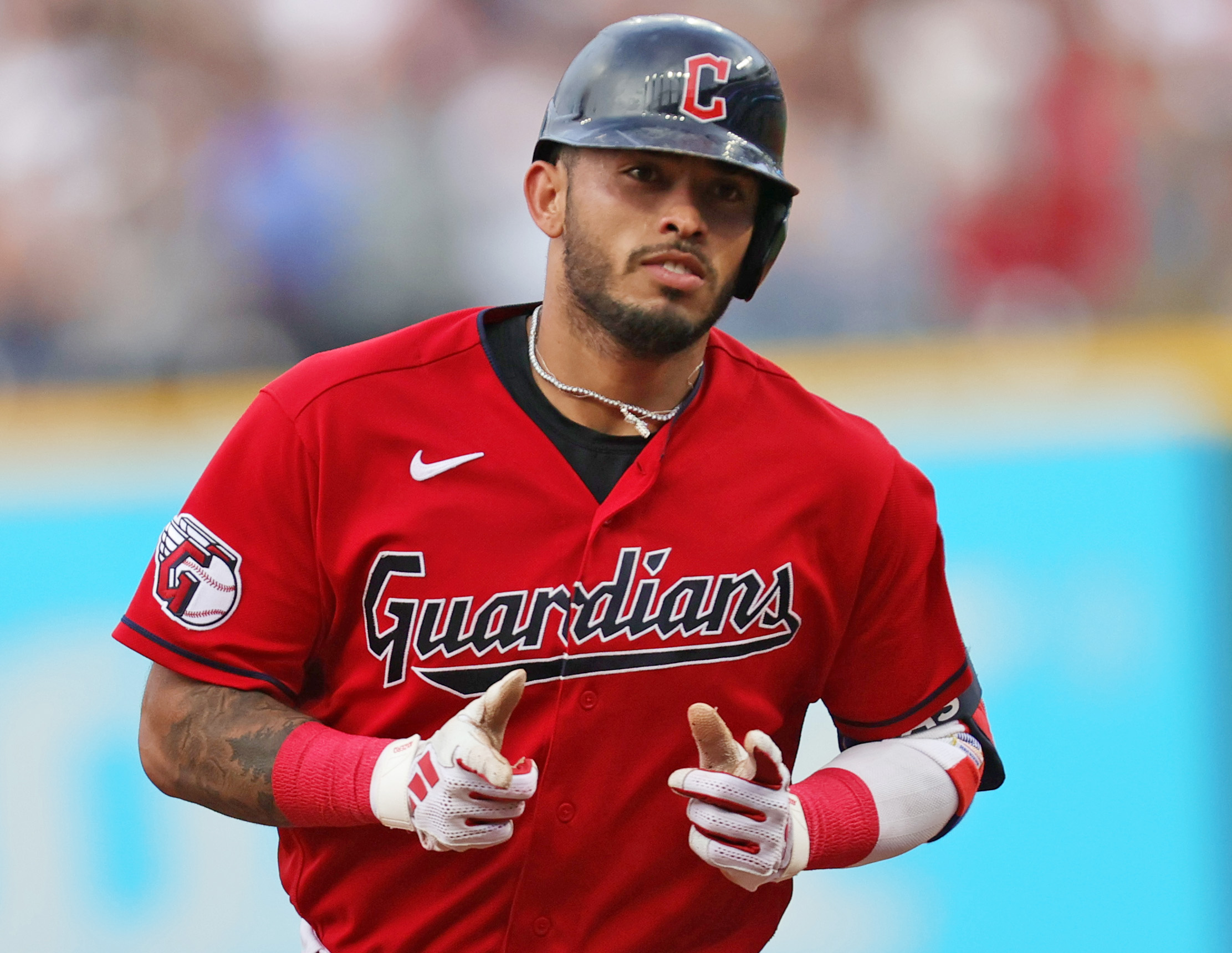 Cleveland Guardians short stop Gabriel Arias slides rounds the bases after hitting a two-run homer off Tampa Bay Rays stating pitcher Zack Littell in the fourth inning, September 2, 2023, at Progressive Field.
