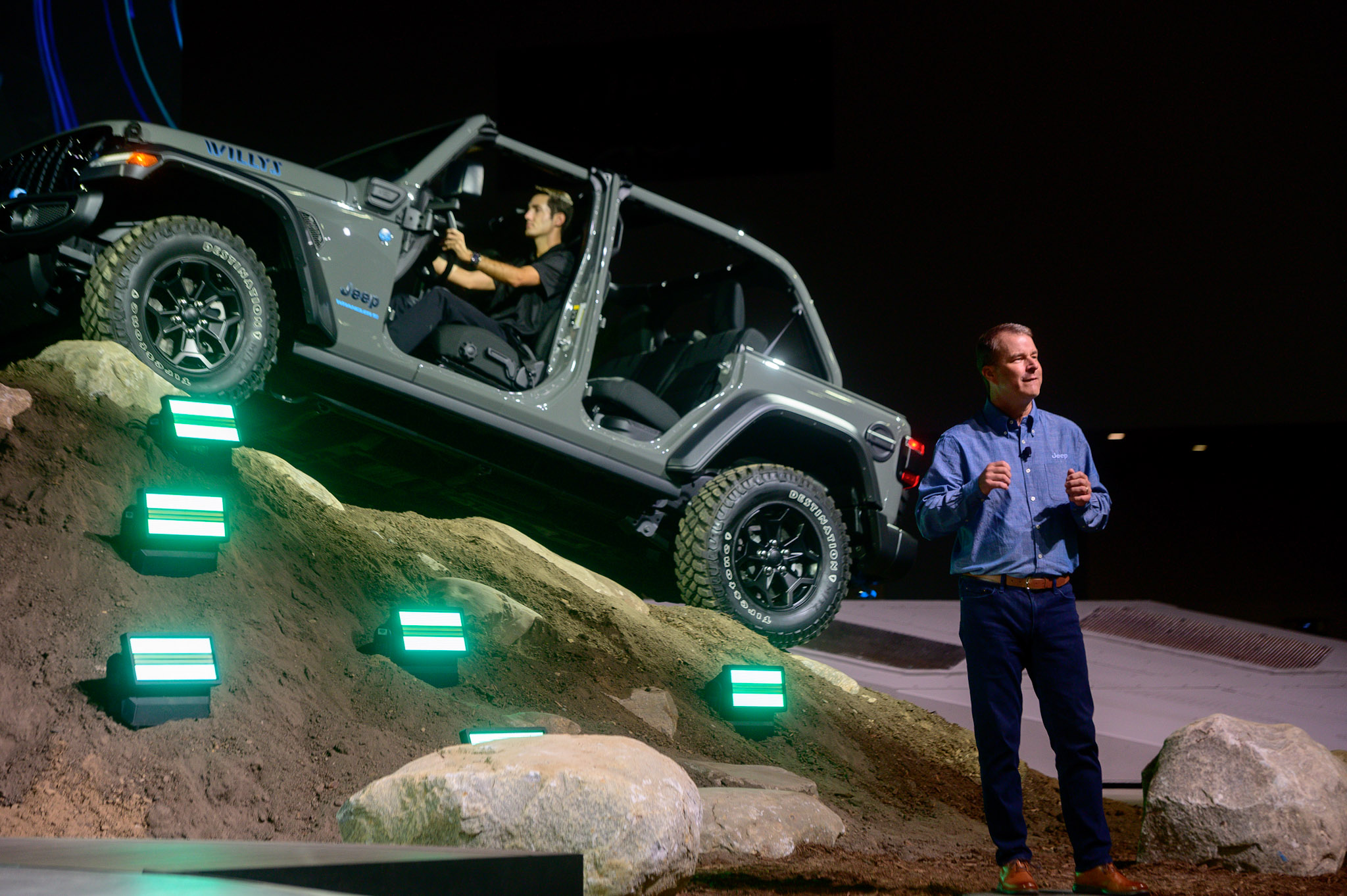 Jeep CEO Jim Morrison unveils the Wrangler Willys 4xe PHEV as the 2022 North American International Auto Show begins with media preview day at Huntington Place in Detroit on Wednesday, Sept. 14 2022.