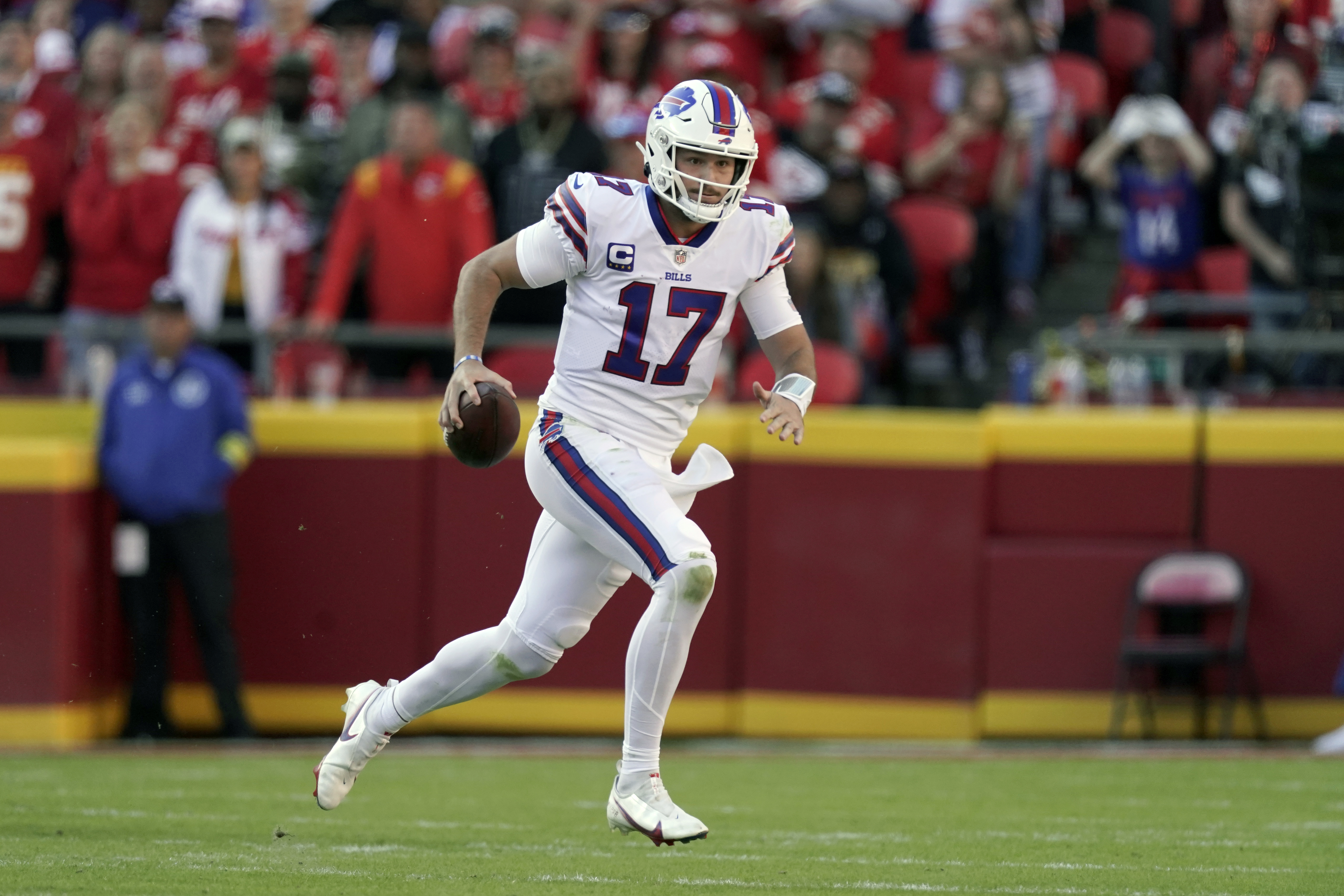 Buffalo Bills defensive tackle DaQuan Jones (92) walks off the field after  an NFL football game against the Kansas City Chiefs Sunday, Oct. 16, 2022,  in Kansas City, Mo. (AP Photo/Peter Aiken