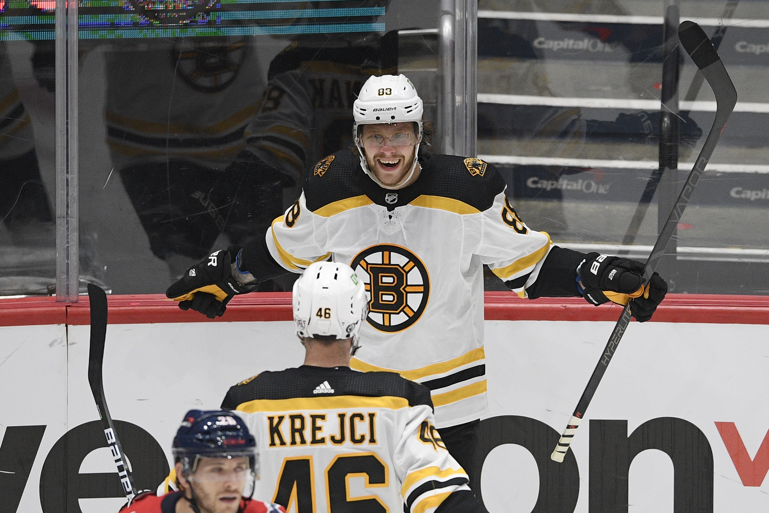 Boston Bruins center David Krejci (46) skates without a helmet during  pregame warmups before an NHL