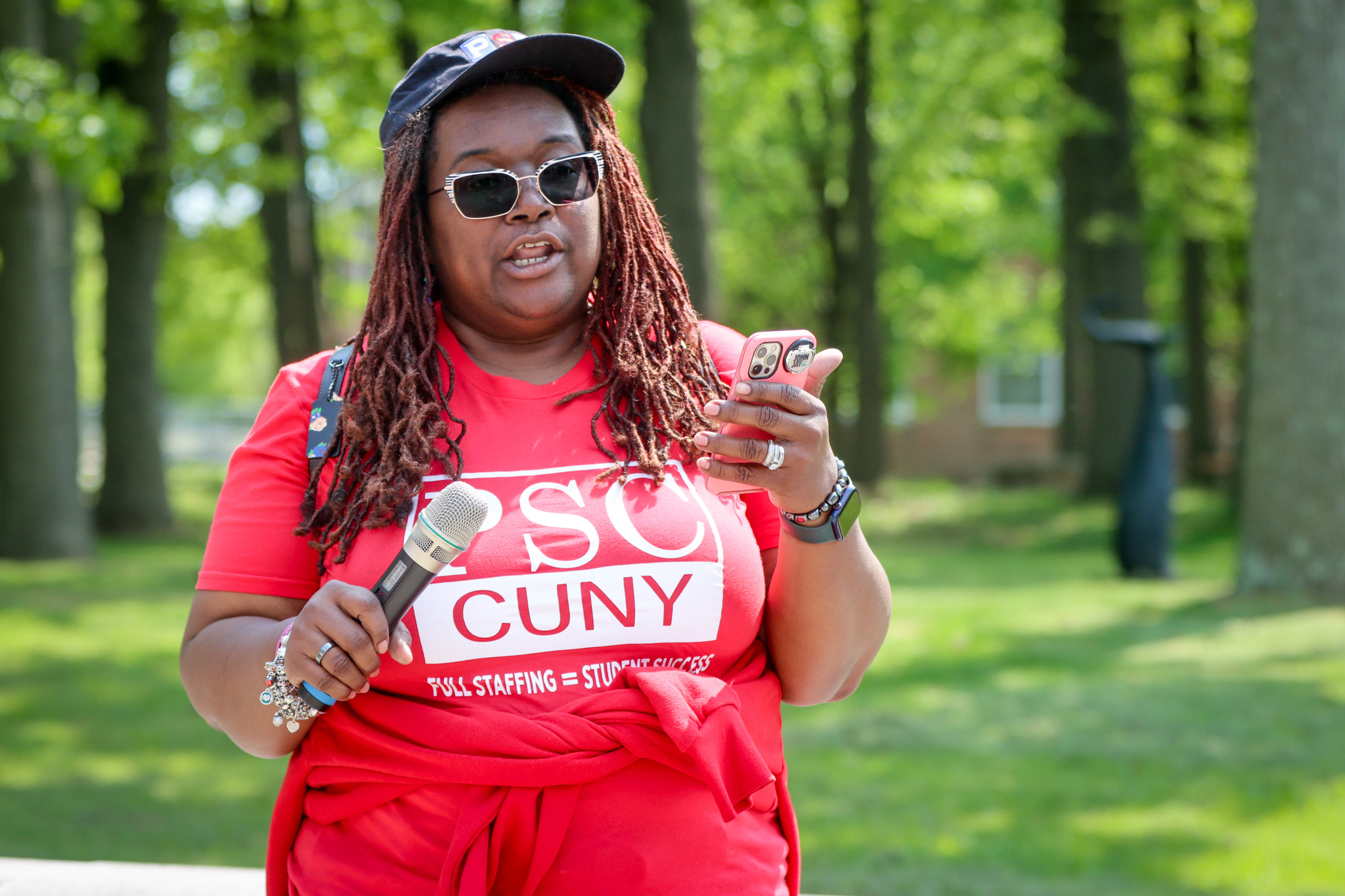 - Rulisa Galloway-Perry, a cross campus chapter chair for the Higher Education Officer (HEO), marches at the for a New Deal for CUNY at the College of Staten Island on May 10, 2023.