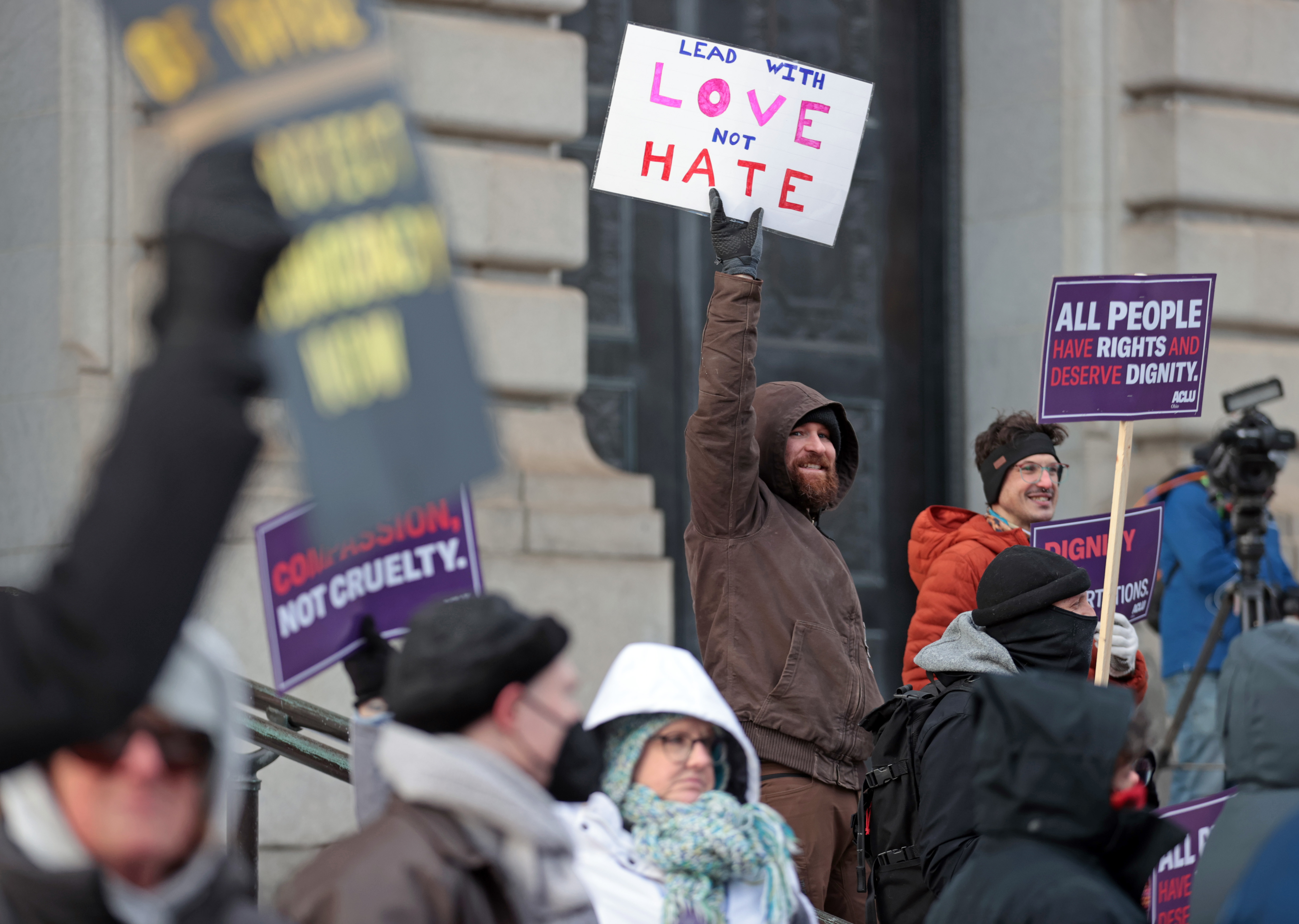 Protestors agaisnt DOGE gather at City Hall, February 17, 2025 ...
