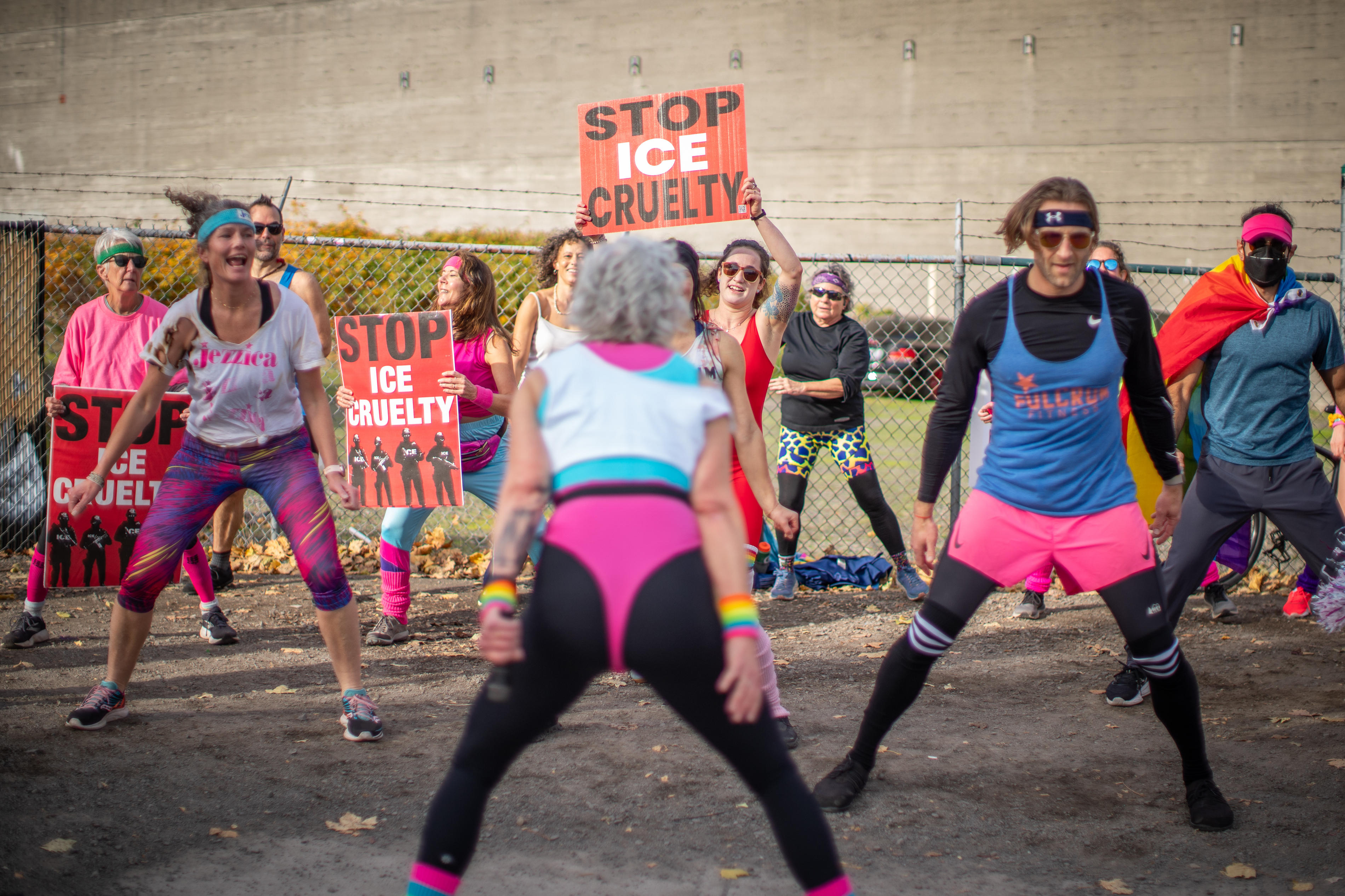 Participants in Fulcrum Fitness’s “Sweatin’ Out the Fascists” held an ’80s-aerobics peaceful protest outside the U.S. Immigration and Customs Enforcement (ICE) facility in South Portland on Sunday, Nov. 9, 2025, collecting donations for the Oregon Food Bank.