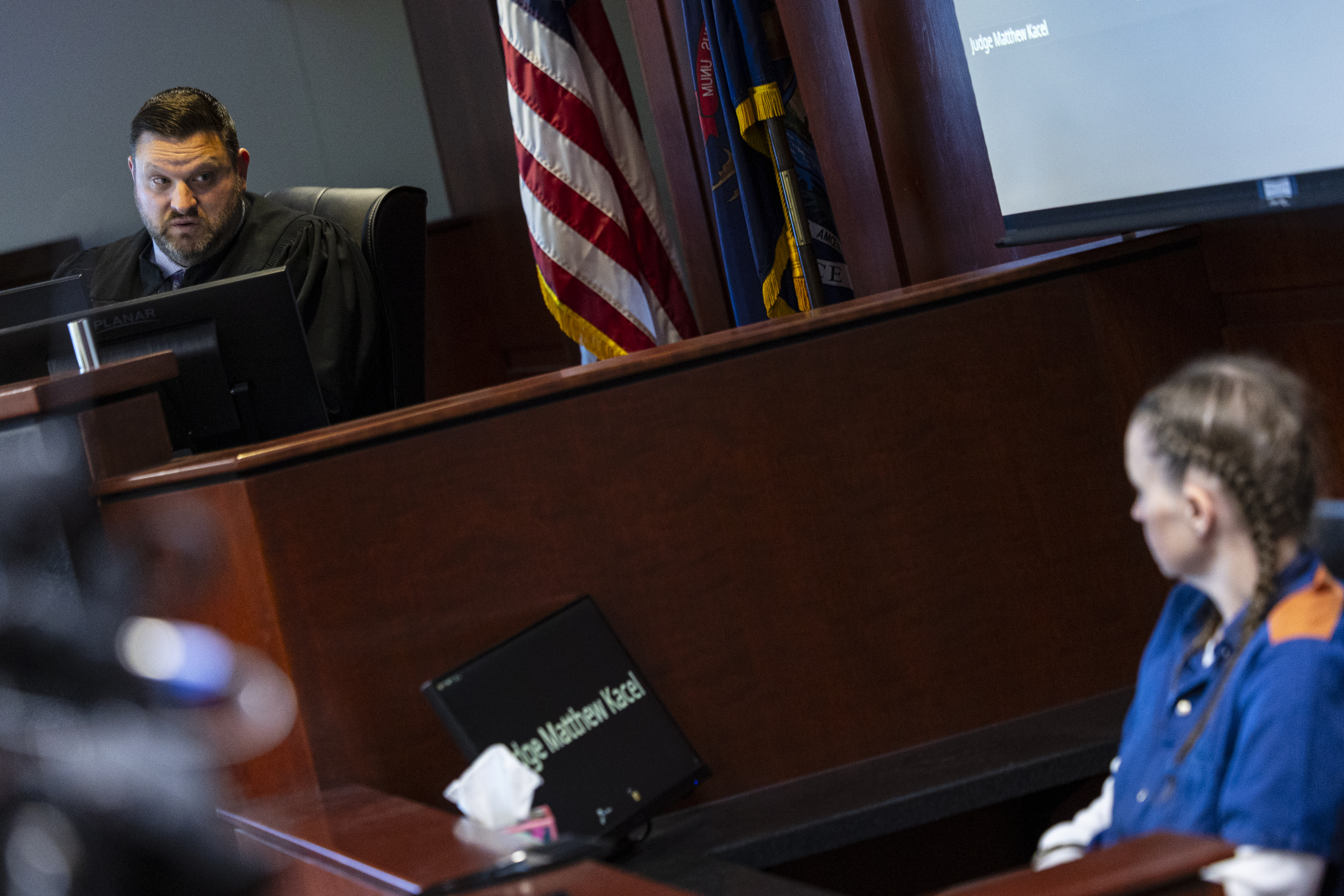 Judge Matthew Kacel asks Shanda Vander Ark, the mother convicted of torturing her 15-year-old son to death, as she testifies in court for a Ginther hearing seeking a new trial at Muskegon County Circuit Court in Muskegon, Mich. on Friday, March 20, 2026. Vander Ark’s defense claims she was in a “catatonic state” throughout her trial that featured disturbing testimony of how she inflicted cruel punishments on her son, Timothy Ferguson, leading to the boy’s death. She is currently serving life in prison without parole.
