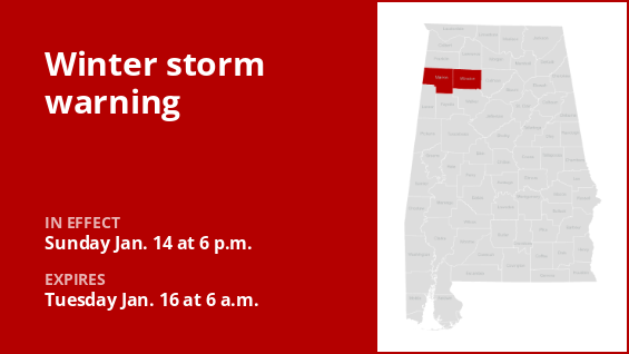 A winter storm warning has been issued for Marion and Winston counties through Tuesday morning