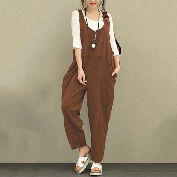 AMILIEe Women Casual Overalls Jumpsuit Bib Trousers Linen Dungarees Wide  Leg Pant