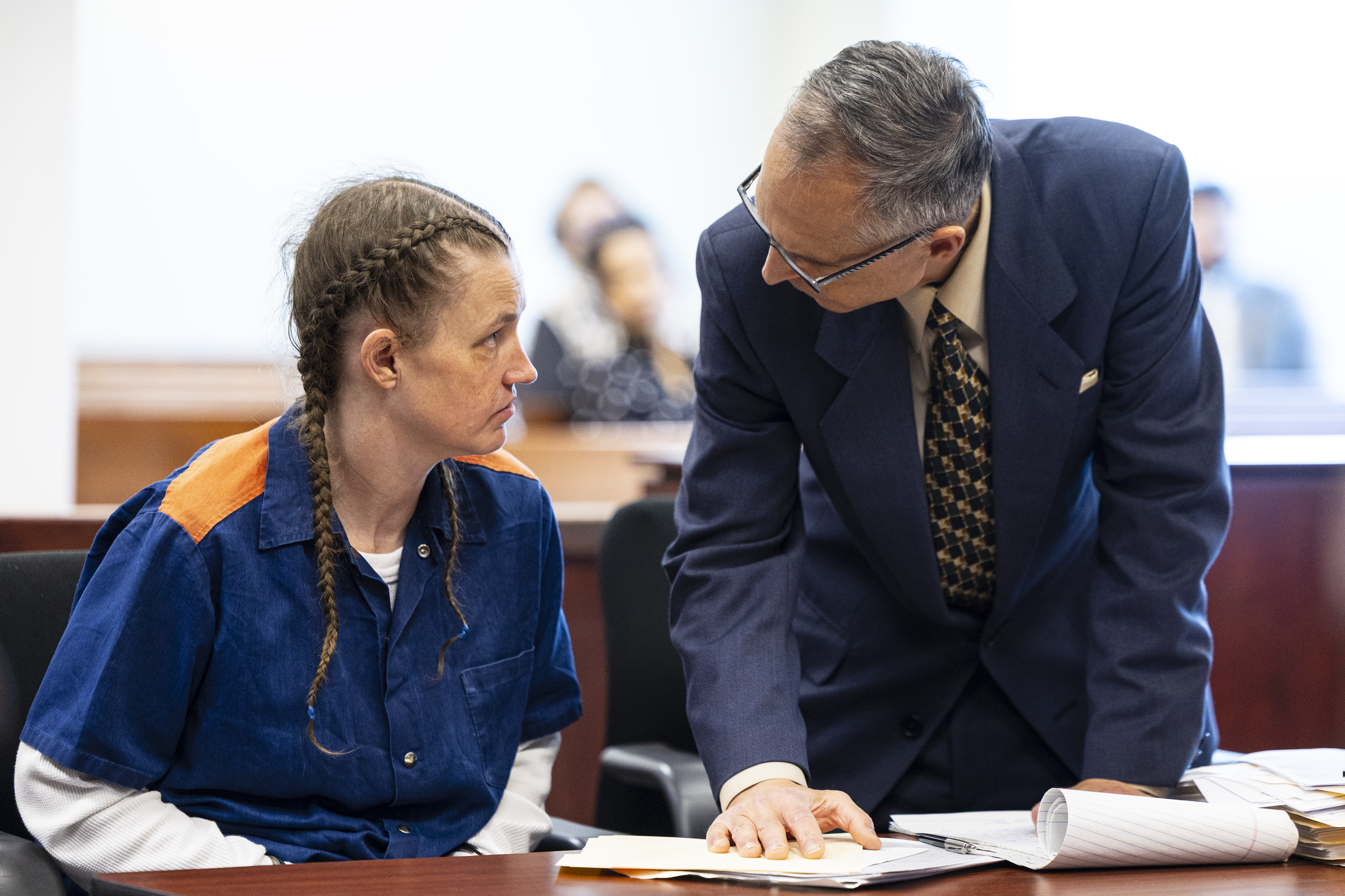 Ronald Ambrose, appellate defense attorney, talks with Shanda Vander Ark, the mother convicted of torturing her 15-year-old son to death, after she testified during a Ginther hearing seeking a new trial at Muskegon County Circuit Court in Muskegon, Mich. on Friday, March 20, 2026. Vander Ark’s defense claims she was in a “catatonic state” throughout her trial that featured disturbing testimony of how she inflicted cruel punishments on her son, Timothy Ferguson, leading to the boy’s death. She is currently serving life in prison without parole.
