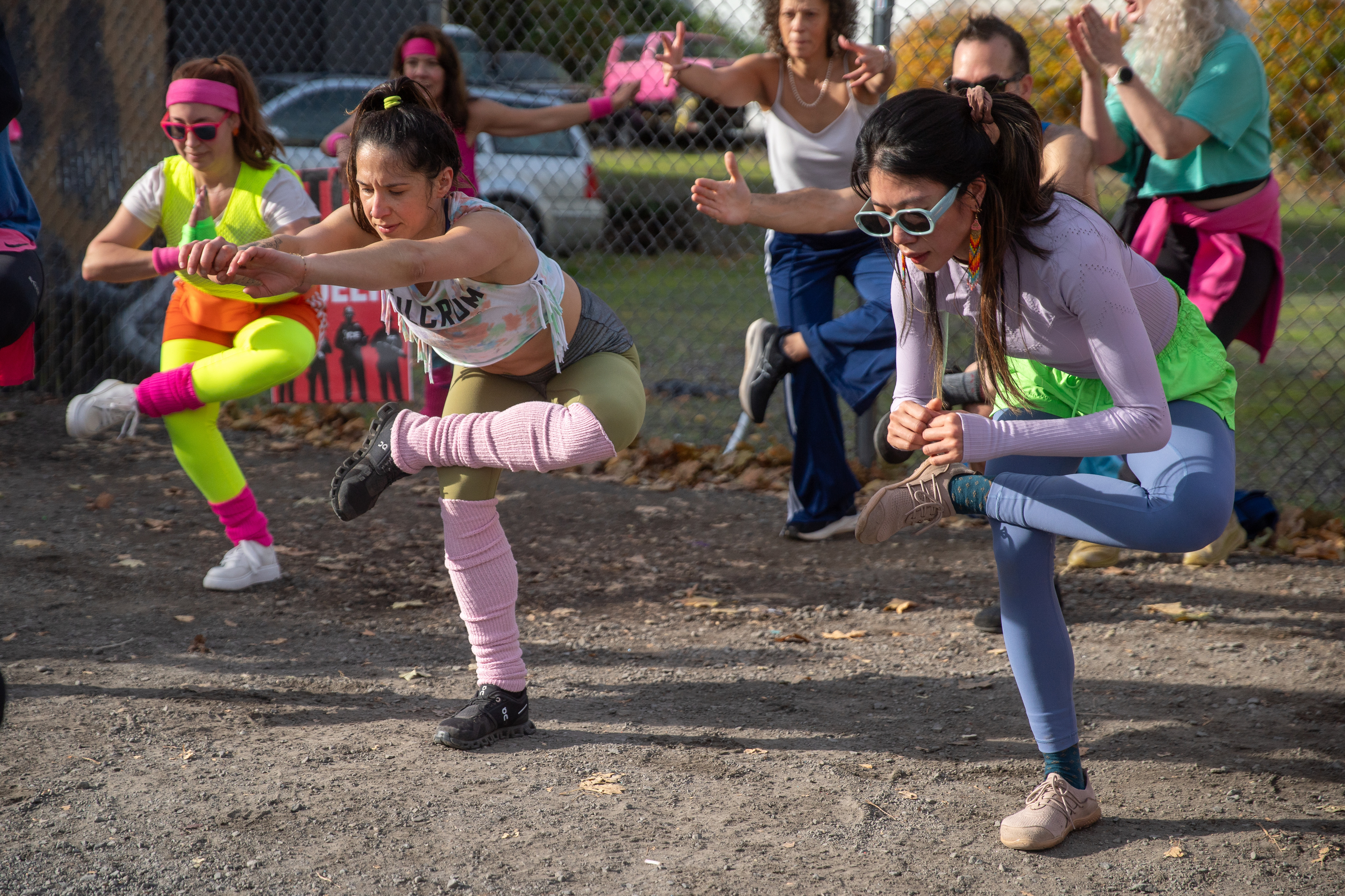 Participants in Fulcrum Fitness’s “Sweatin’ Out the Fascists” held an ’80s-aerobics peaceful protest outside the U.S. Immigration and Customs Enforcement (ICE) facility in South Portland on Sunday, Nov. 9, 2025, collecting donations for the Oregon Food Bank.