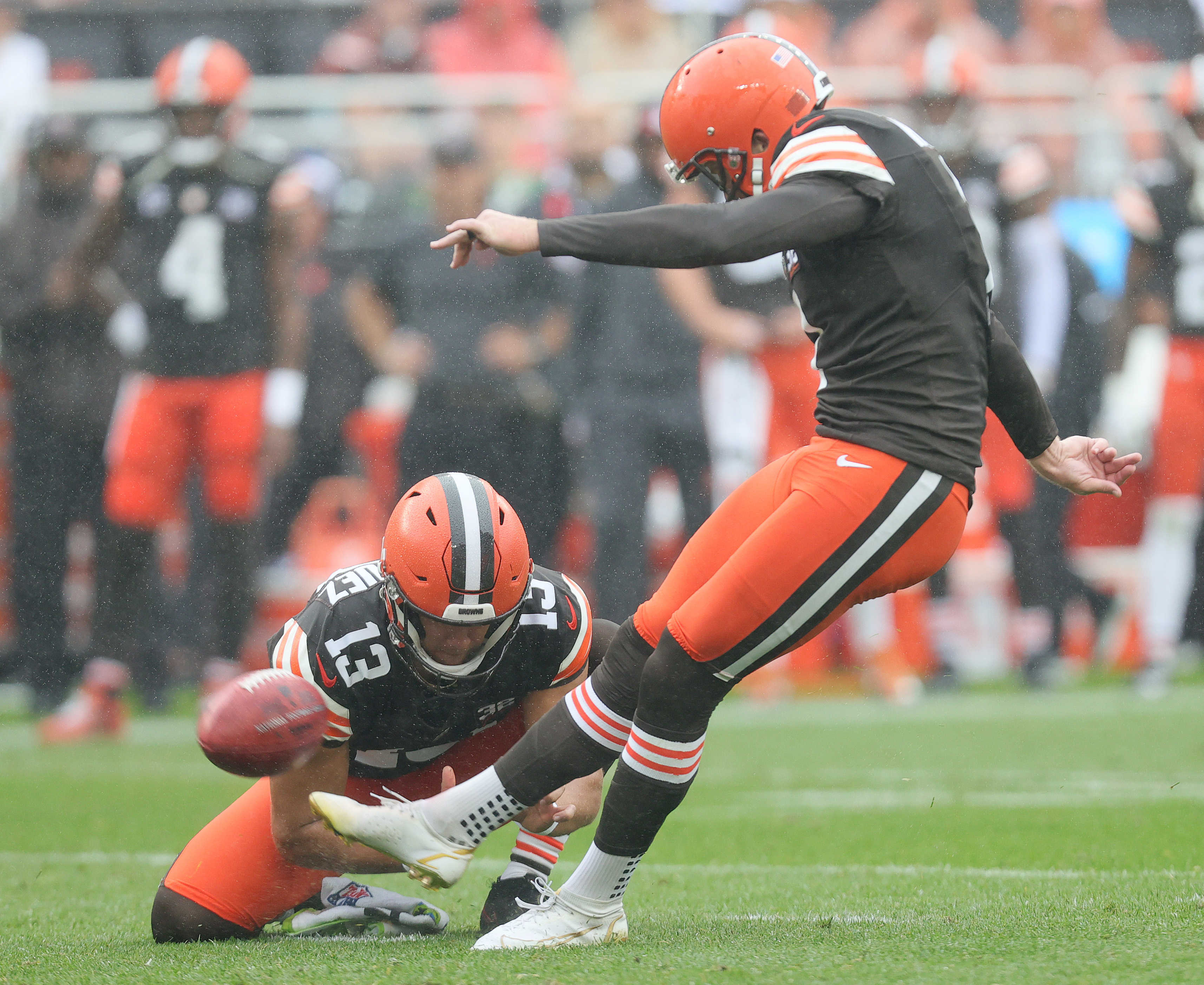 Cleveland Browns punter Corey Bojorquez (13) wears a Crucial Catch