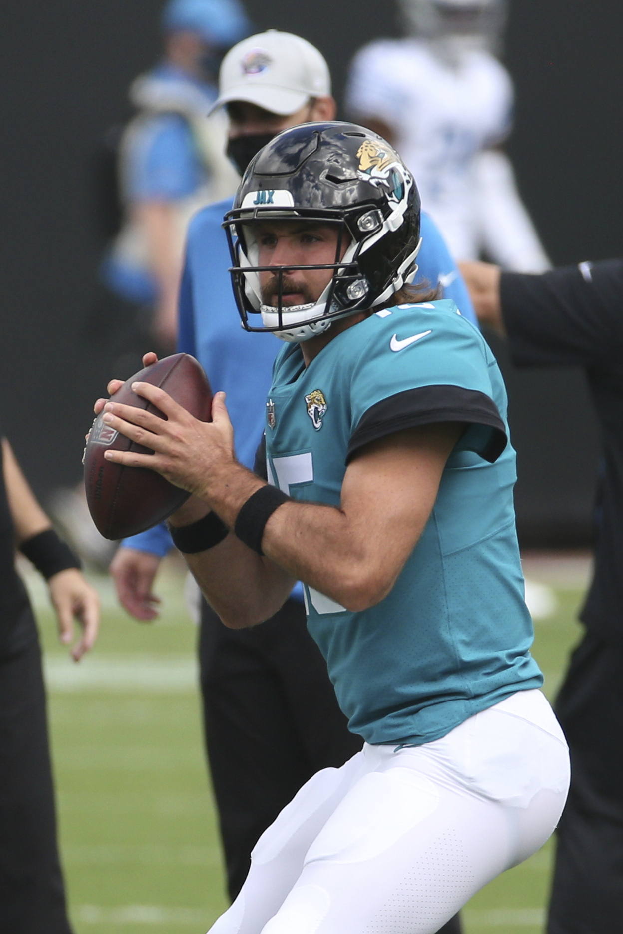 Social Justice message Black Lives Matter on the helmets of Jacksonville  Jaguars running backs James Robinson (30) and Chris Thompson (34) during  warm ups before an NFL football game against the Miami