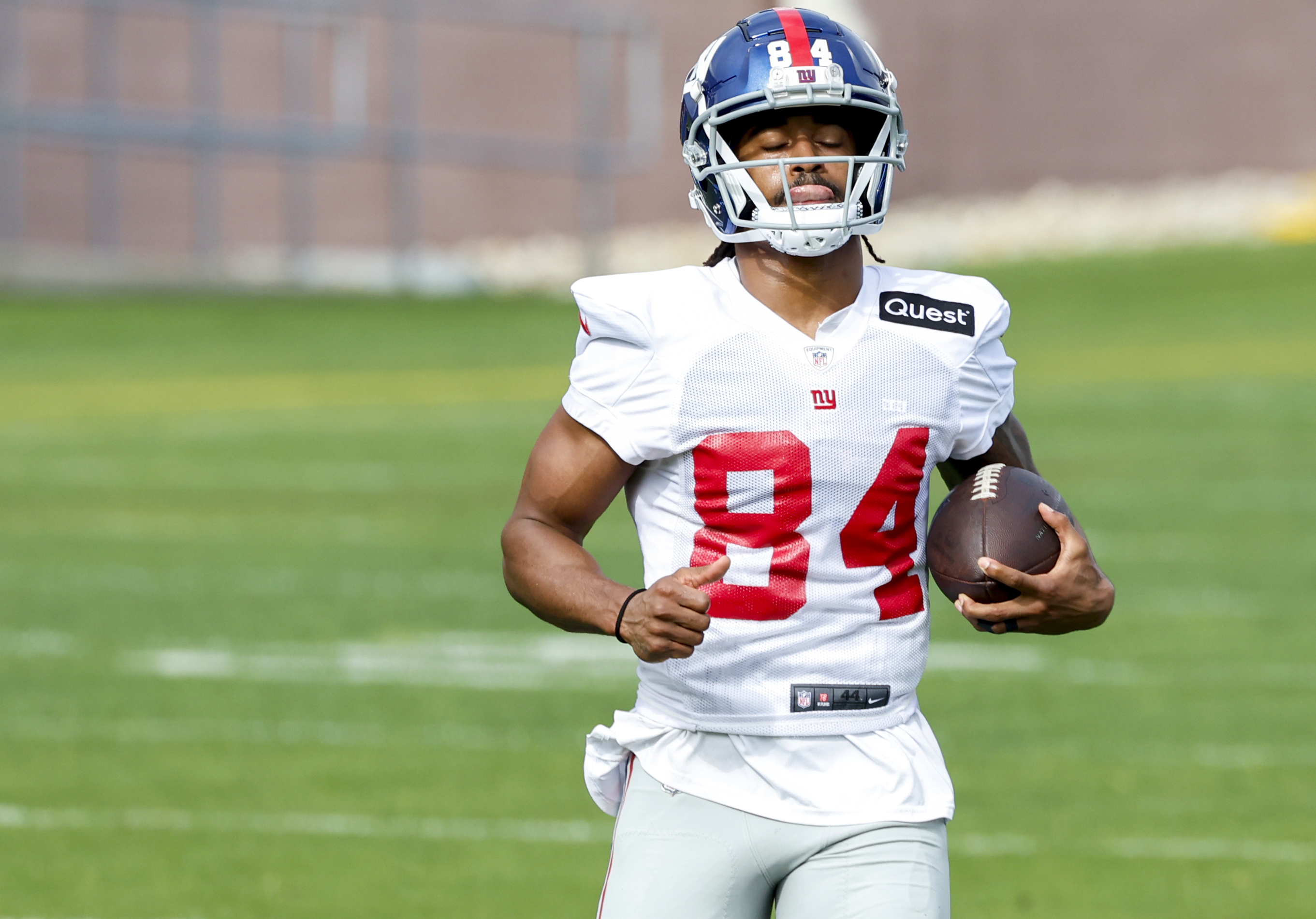 New York Giants wide receiver Marcus Johnson (84) runs with the ball during practice on Wednesday, Oct. 26, 2022. 