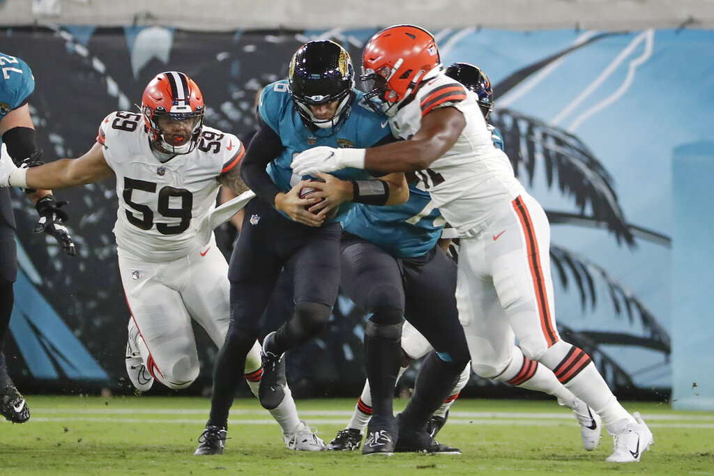 Cleveland Browns wide receiver Travell Harris (83) walks off the field at  the end of an NFL preseason football game against the Jacksonville Jaguars,  Friday, Aug. 12, 2022, in Jacksonville, Fla. The