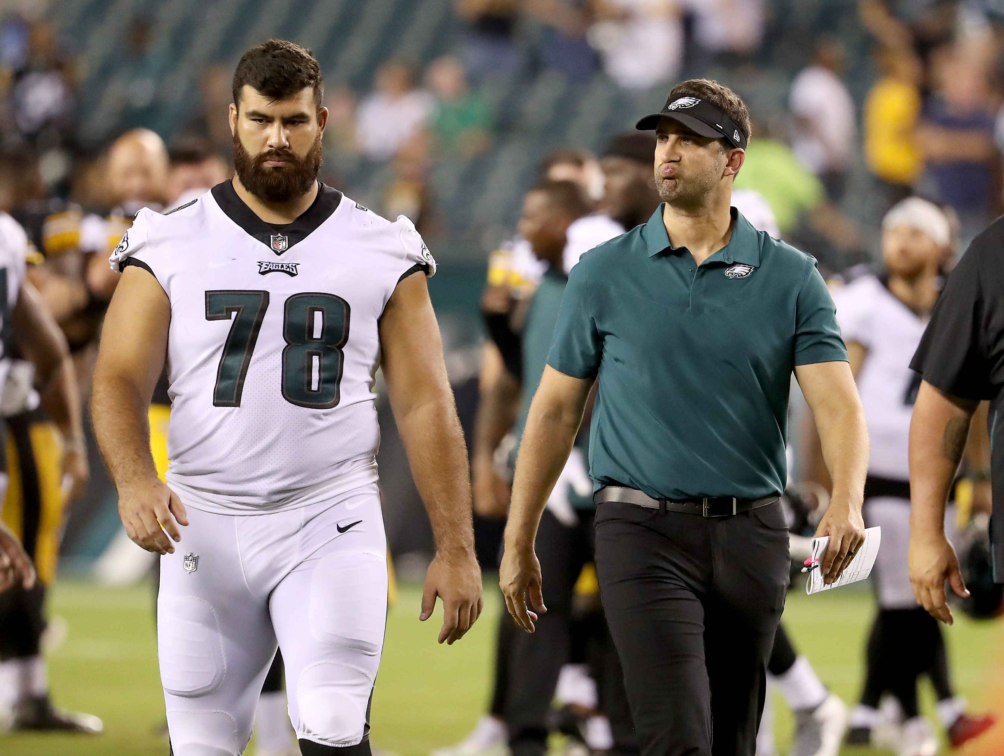 Pittsburgh Steelers quarterback Mason Rudolph (2) is sacked by Philadelphia  Eagles' T.Y. McGill (76) and Milton