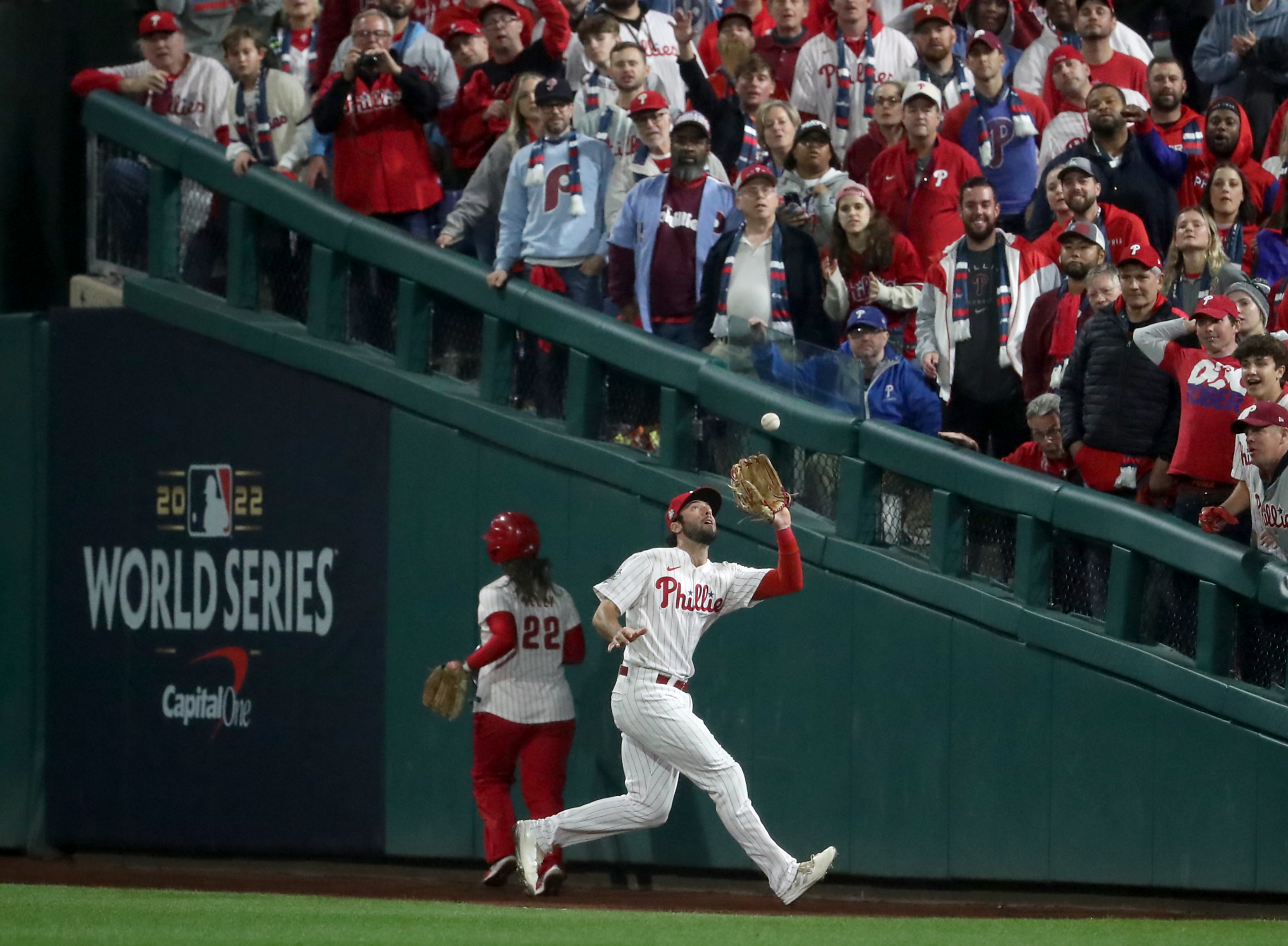 Nick Castellanos (8) of the Philadelphia Phillies makes the catch in the ninth inning during World Series Game 3 against the Houston Astros at Citizens Bank Park, Tuesday, Nov. 1, 2022.