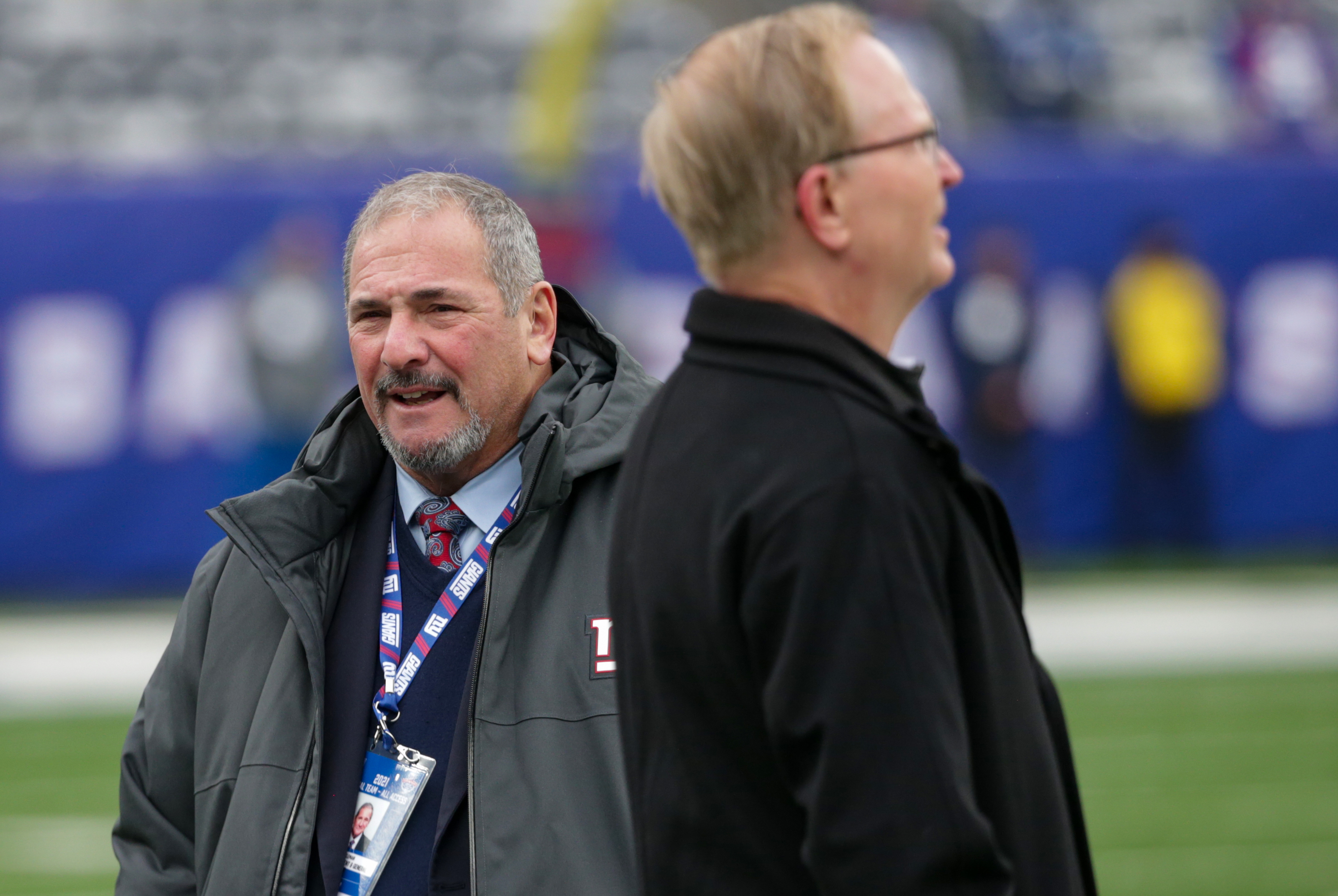 New York Giants general manager Dave Gettleman and owner John Mara during pregame warmups as the Giants prepare to host the Washington Football Team on Sunday, Jan. 9, 2022 in East Rutherford, N.J.