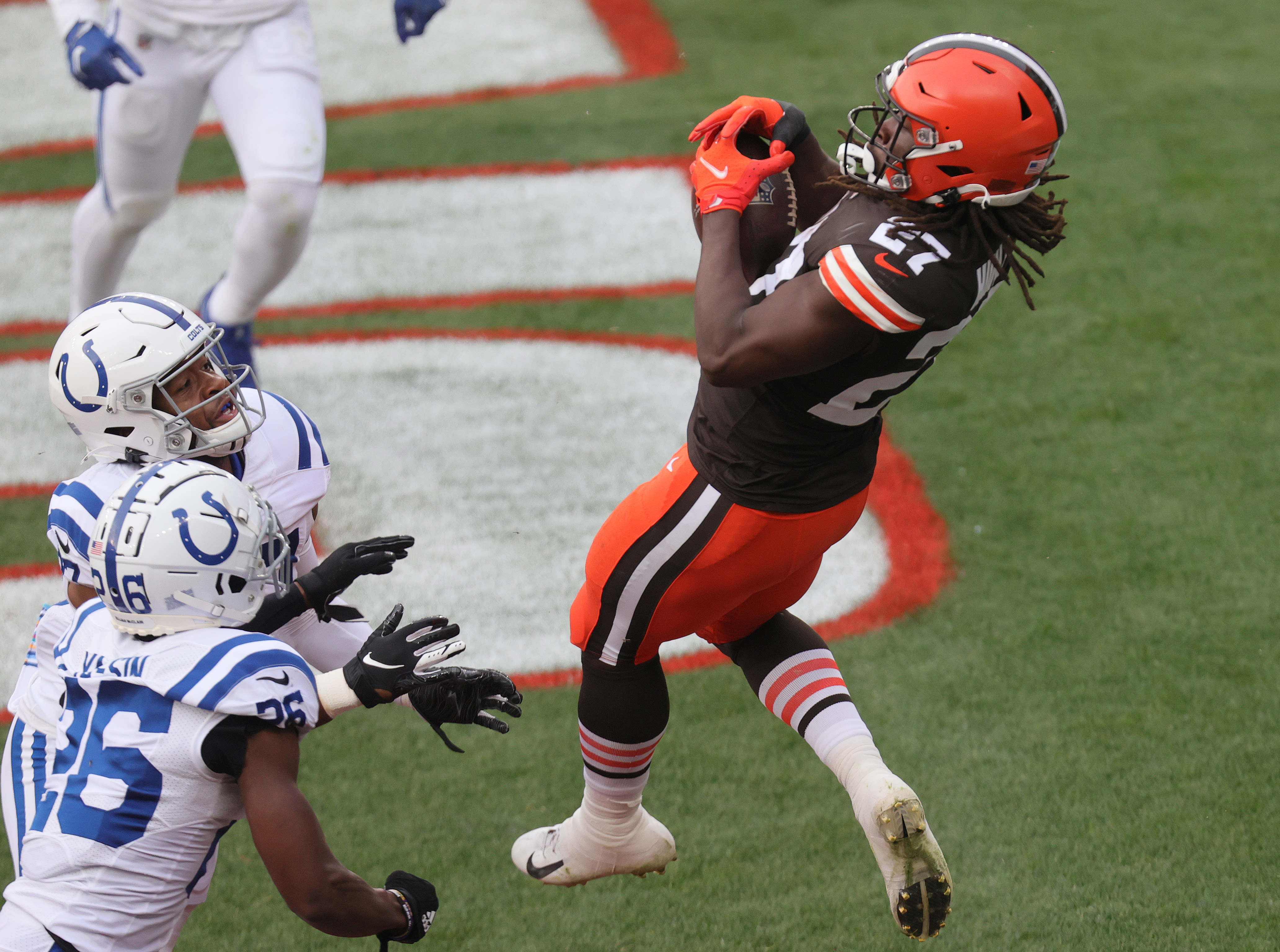 Cleveland Browns defensive backs Ronnie Harrison Jr. and Sheldrick Redwine  vs. Indianapolis Colts, October 11, 2020 