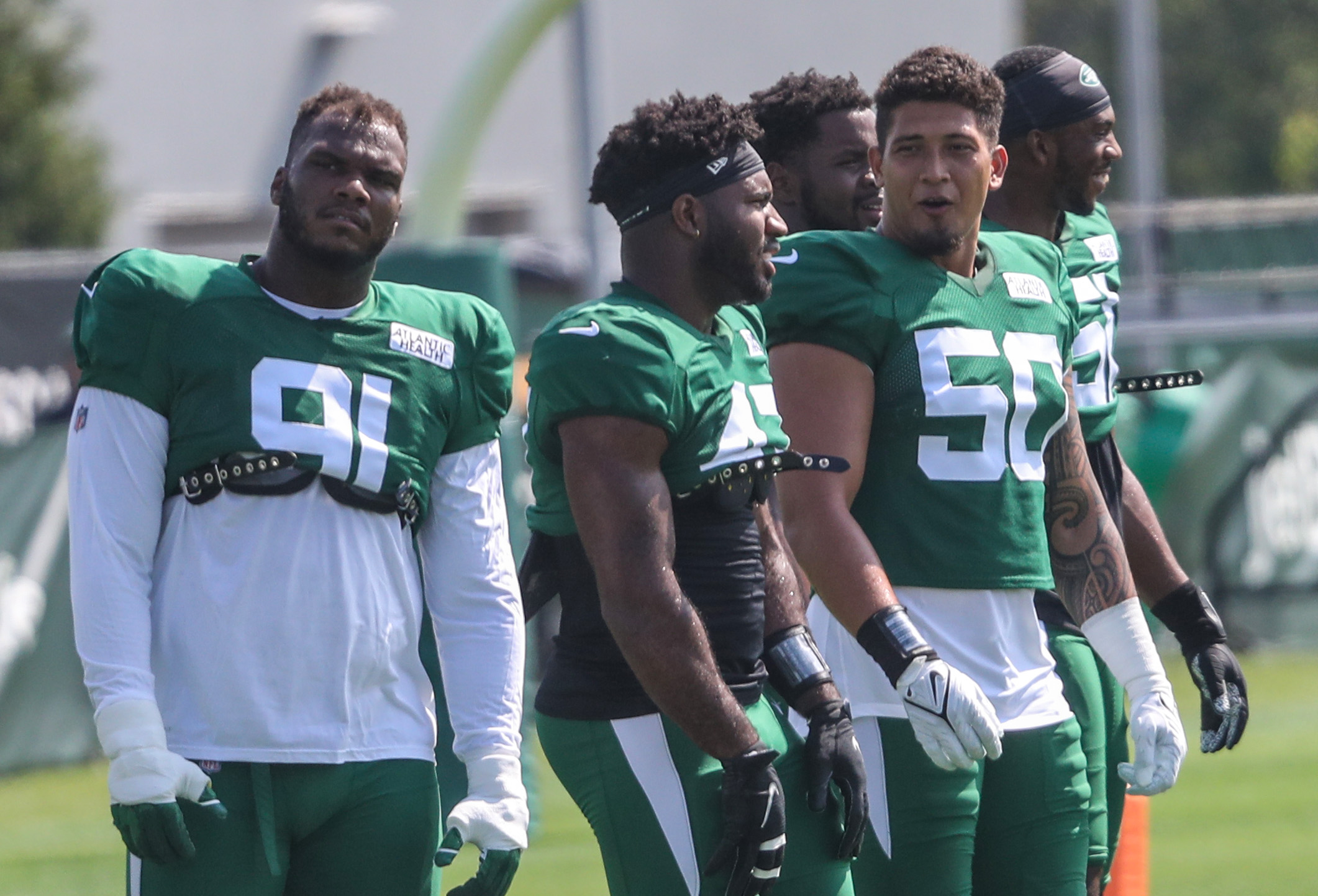 Florham Park, New Jersey, USA. August 2, 2022, Florham Park, New Jersey,  USA: New York Jets' linebacker Hamsah Nasirildeen (45) runs a drill during  Jets training camp at the Atlantic Health Jets