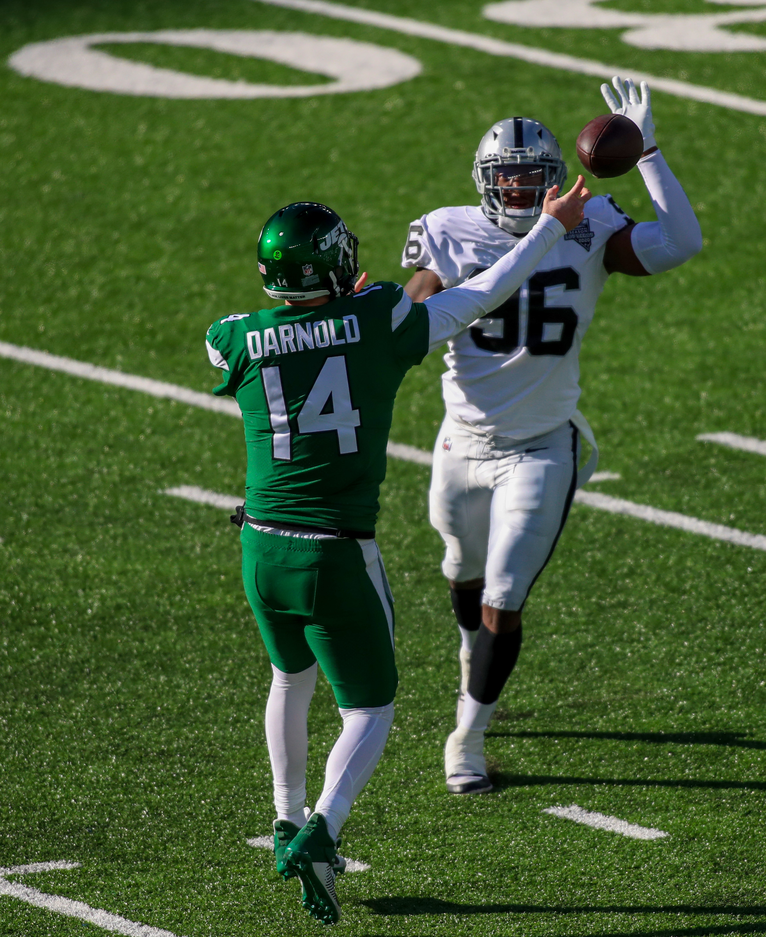 East Rutherford, New Jersey, USA. 6th Dec, 2020. Las Vegas Raiders  defensive end Maxx Crosby (98) looks on following the fumble recovery  during the NFL game between the Las Vegas Raiders and