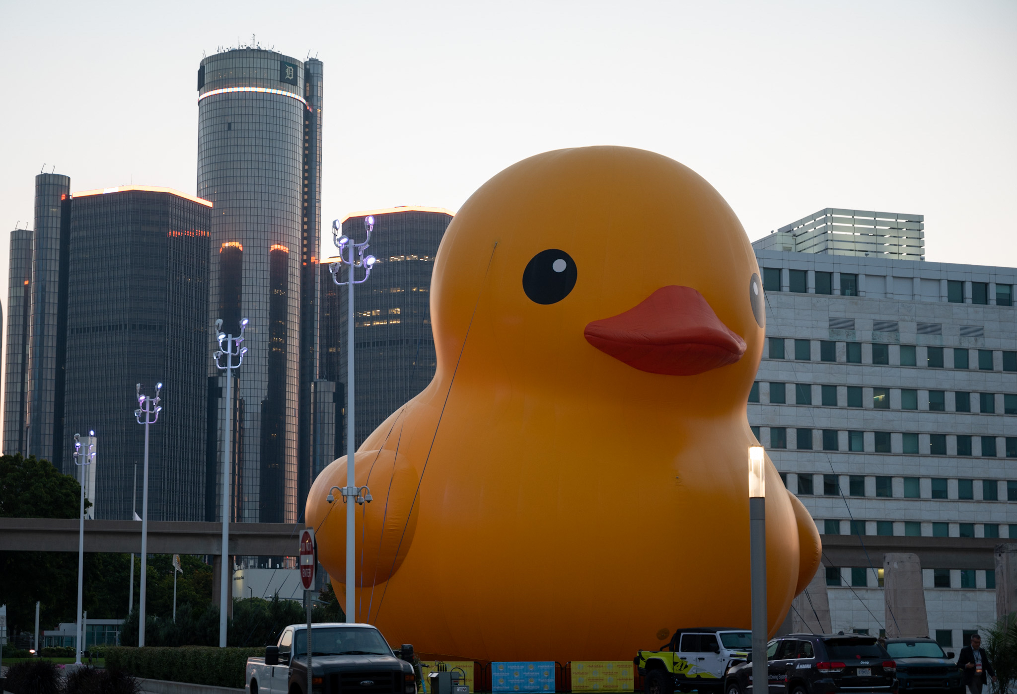 A giant inflatable duck sits outside Hart Plaza with the Detroit Renaissance Center in the background as the 2022 North American International Auto Show begins with media preview day at Huntington Place in Detroit on Wednesday, Sept. 14 2022.