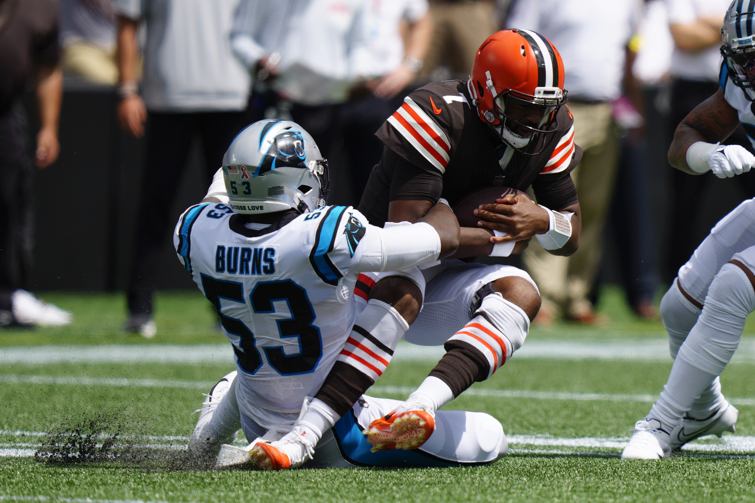 Cleveland Browns quarterback Jacoby Brissett (7) warms up before an NFL  football game against the Carolina Panthers on Sunday, Sept. 11, 2022, in  Charlotte, N.C. (AP Photo/Rusty Jones Stock Photo - Alamy