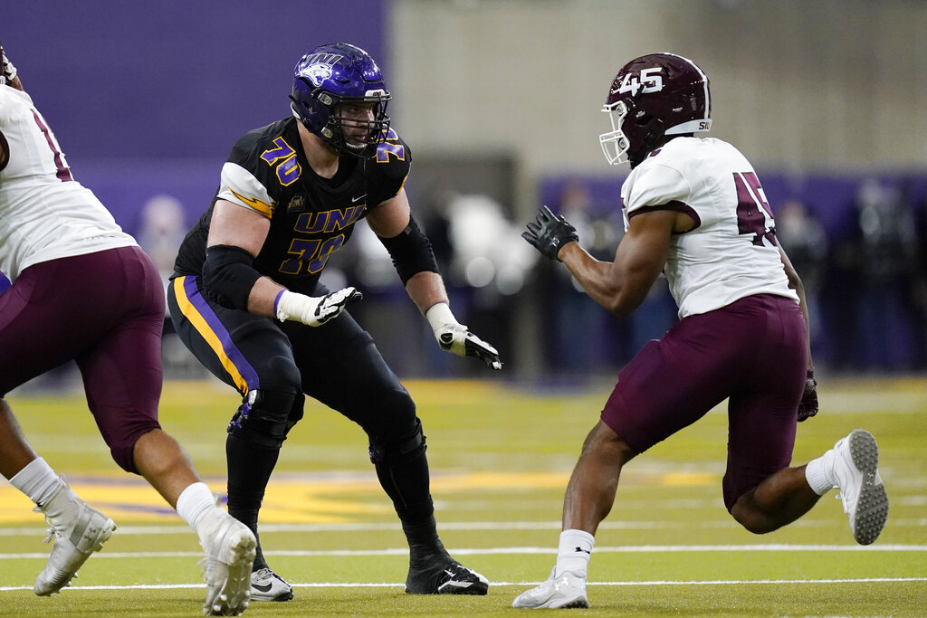 Northern Iowa offensive lineman Trevor Penning (70) looks to make a block  during an NCAA college football game against Southern Illinois, Saturday,  Oct. 30, 2021, in Cedar Falls, Iowa. (AP Photo/Charlie Neibergall