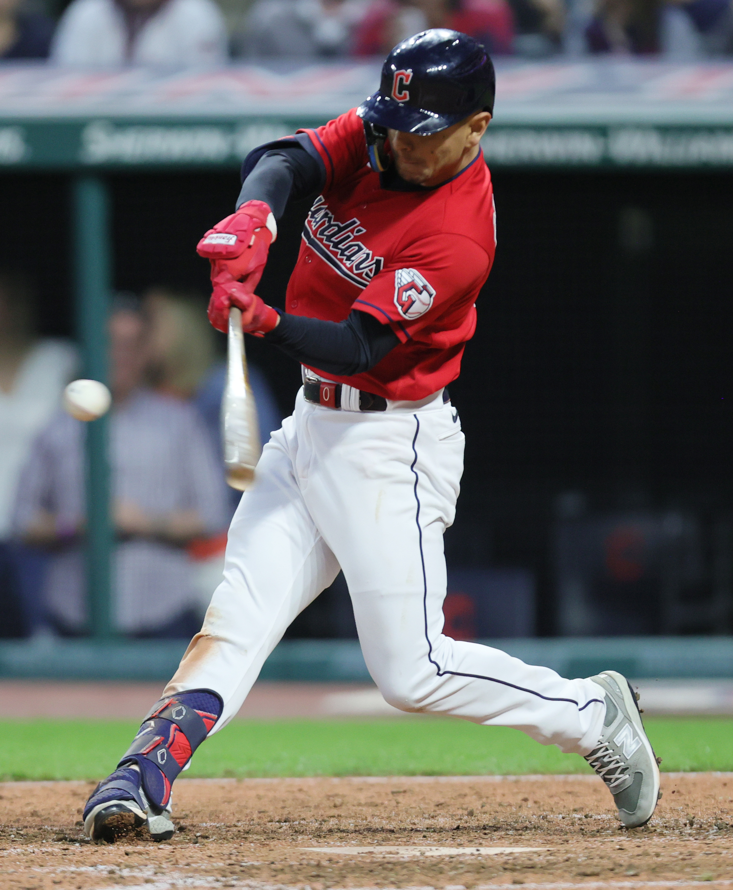 Andres Gimenez of the Cleveland Indians bats against the Los