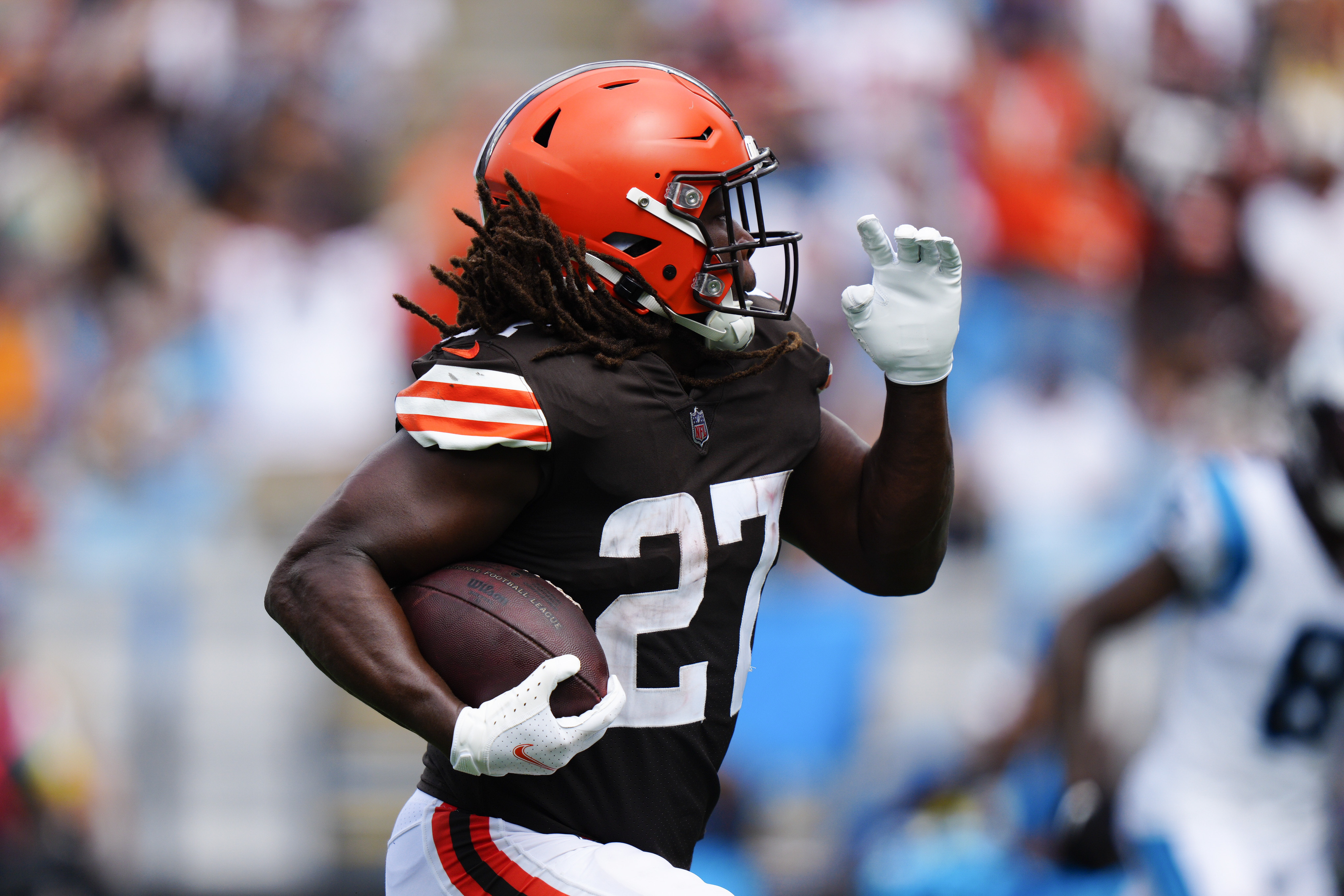 Cleveland Browns running back Kareem Hunt celebrates after scoring against  the Carolina Panthers during the first half of an NFL football game on  Sunday, Sept. 11, 2022, in Charlotte, N.C. (AP Photo/Rusty