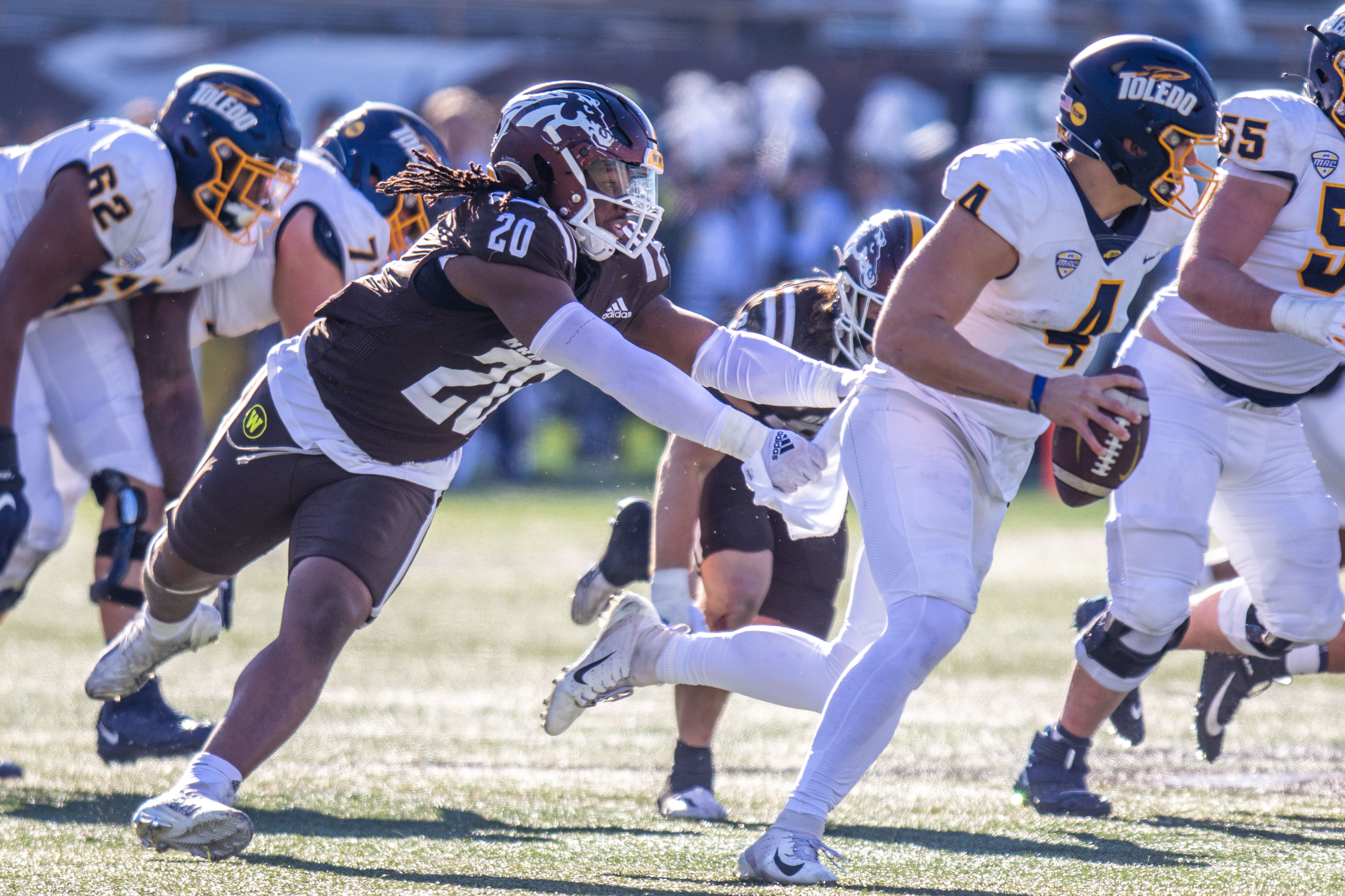 October 5, 2019: Western Michigan LeVante Bellamy #2 tries to shake off a  Toledo defender during the NCAA football game between the Toledo rockets  and the Western Michigan Broncos at the Glass