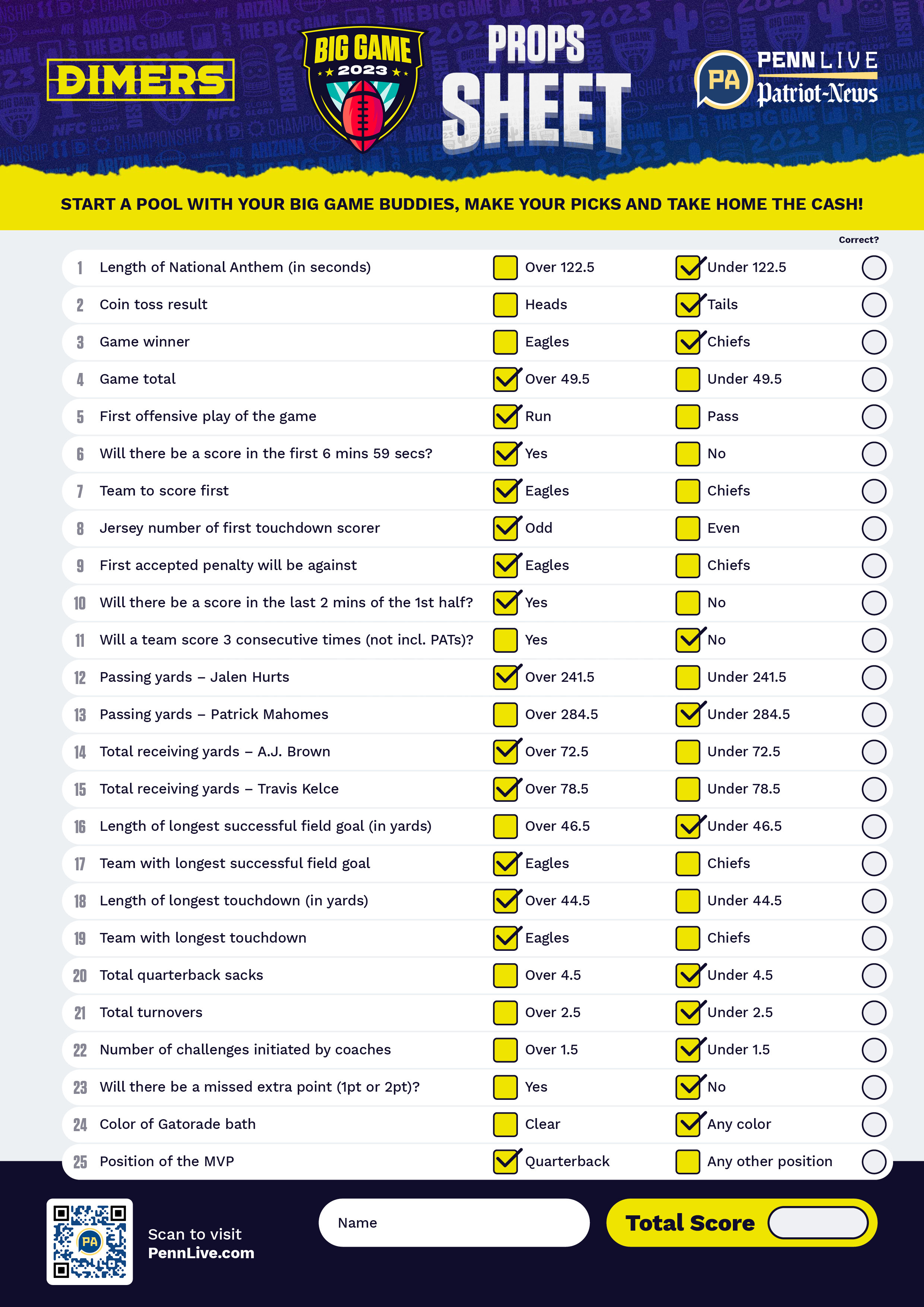 Printable Super Bowl XLVIII prop bet worksheet 