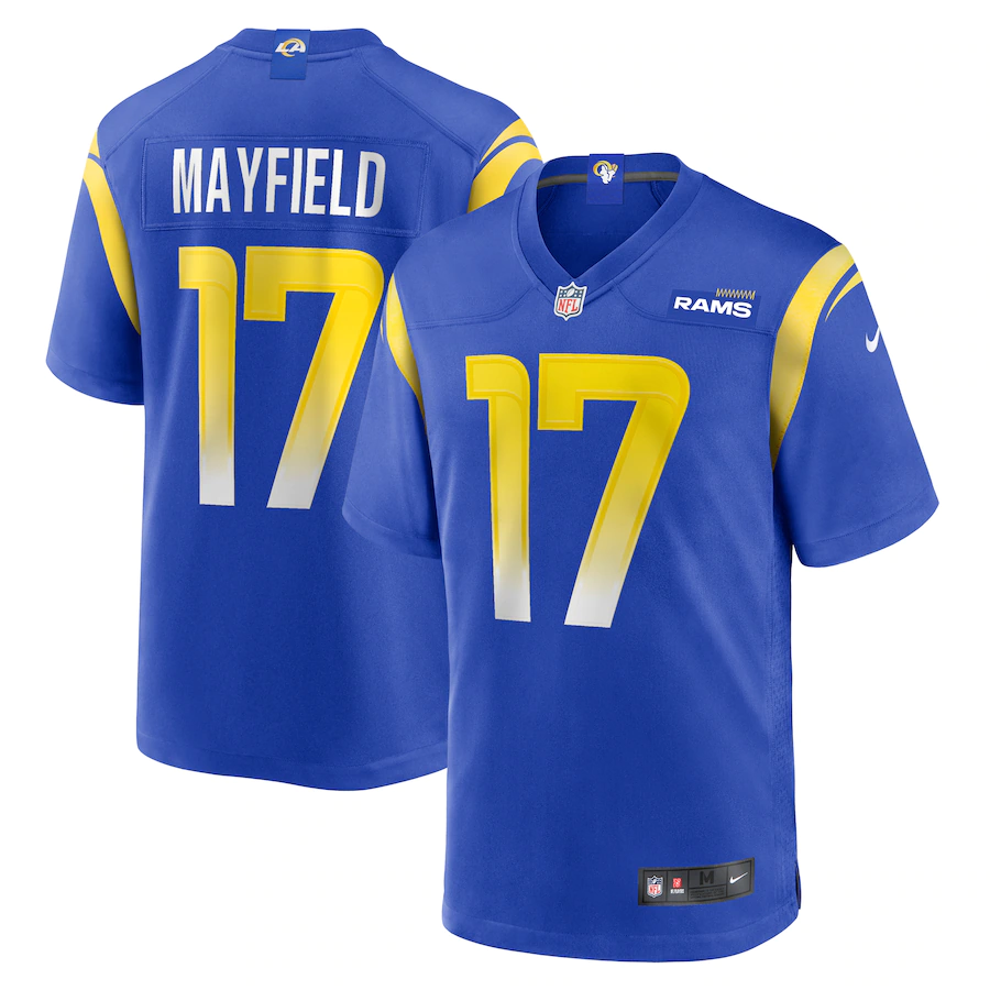 First look: Los Angeles Rams quarterback Baker Mayfield wearing No. 17 Rams  jersey in practice