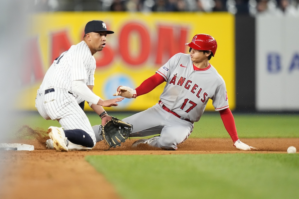 Shohei Ohtani of the Los Angeles Angels slides into second base