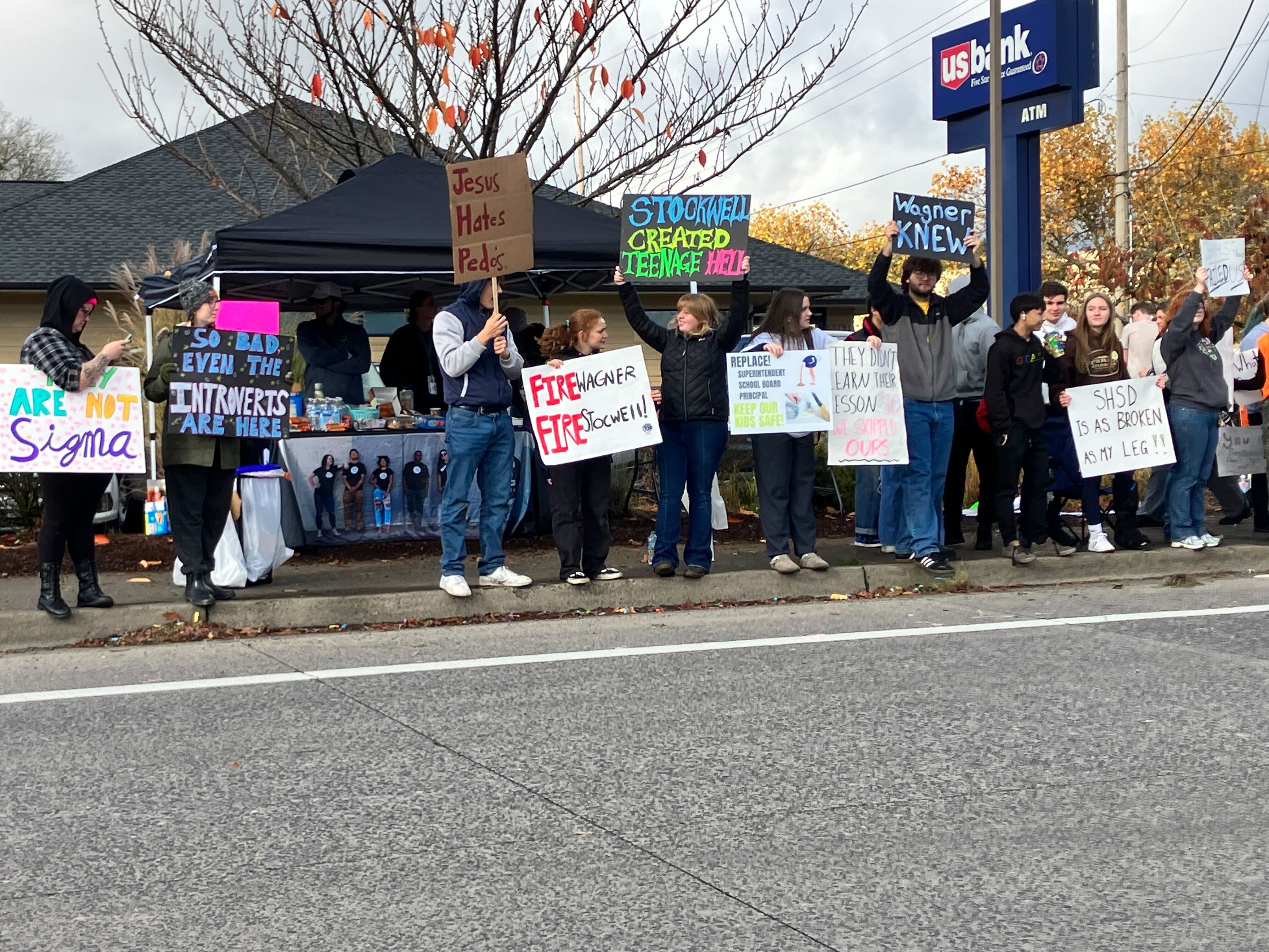 St. Helens High School students and parents protest Friday