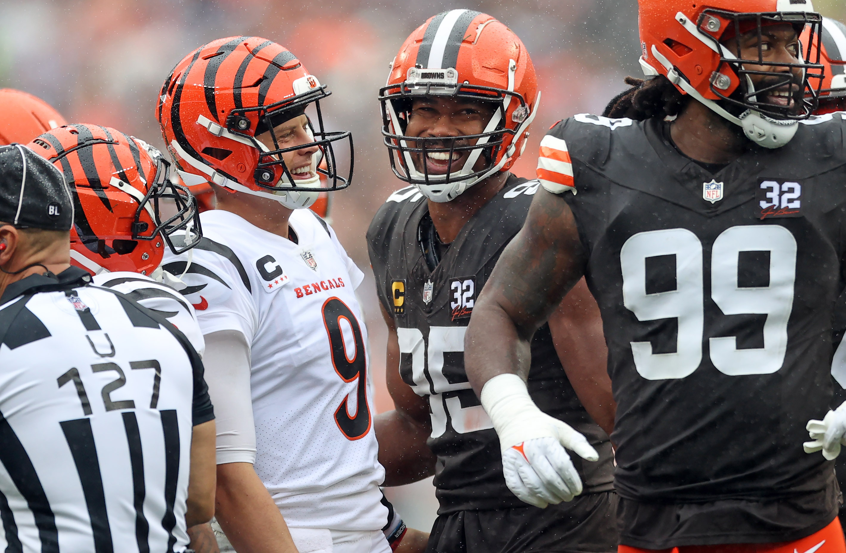 Cleveland Browns defensive end Myles Garrett (95) sacks Cincinnati Bengals  quarterback Joe Burrow (9) during an NFL football game, Sunday, Sep. 10,  2023, in Cleveland. (AP Photo/Kirk Irwin Stock Photo - Alamy