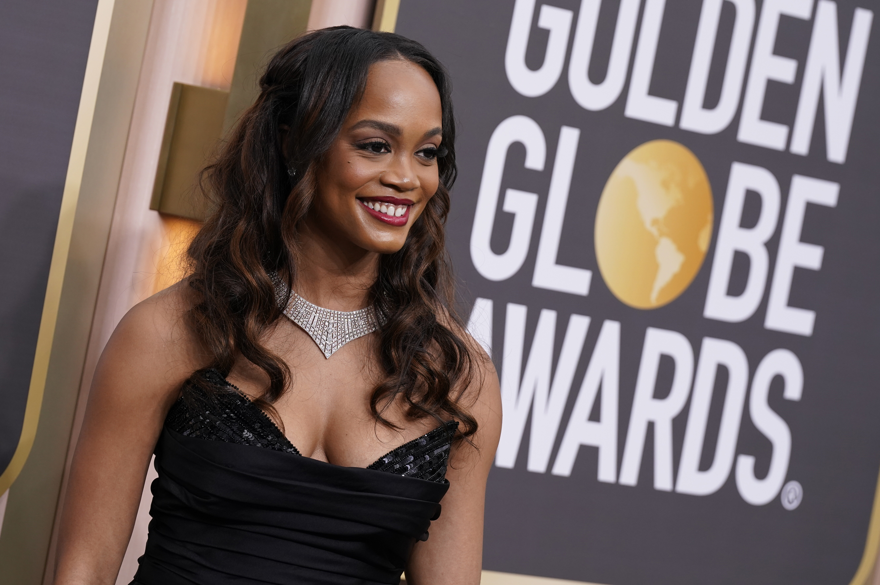 Rachel Lindsay arrives at the 80th annual Golden Globe Awards at the Beverly Hilton Hotel on Tuesday, Jan. 10, 2023, in Beverly Hills, Calif. (Photo by Jordan Strauss/Invision/AP)