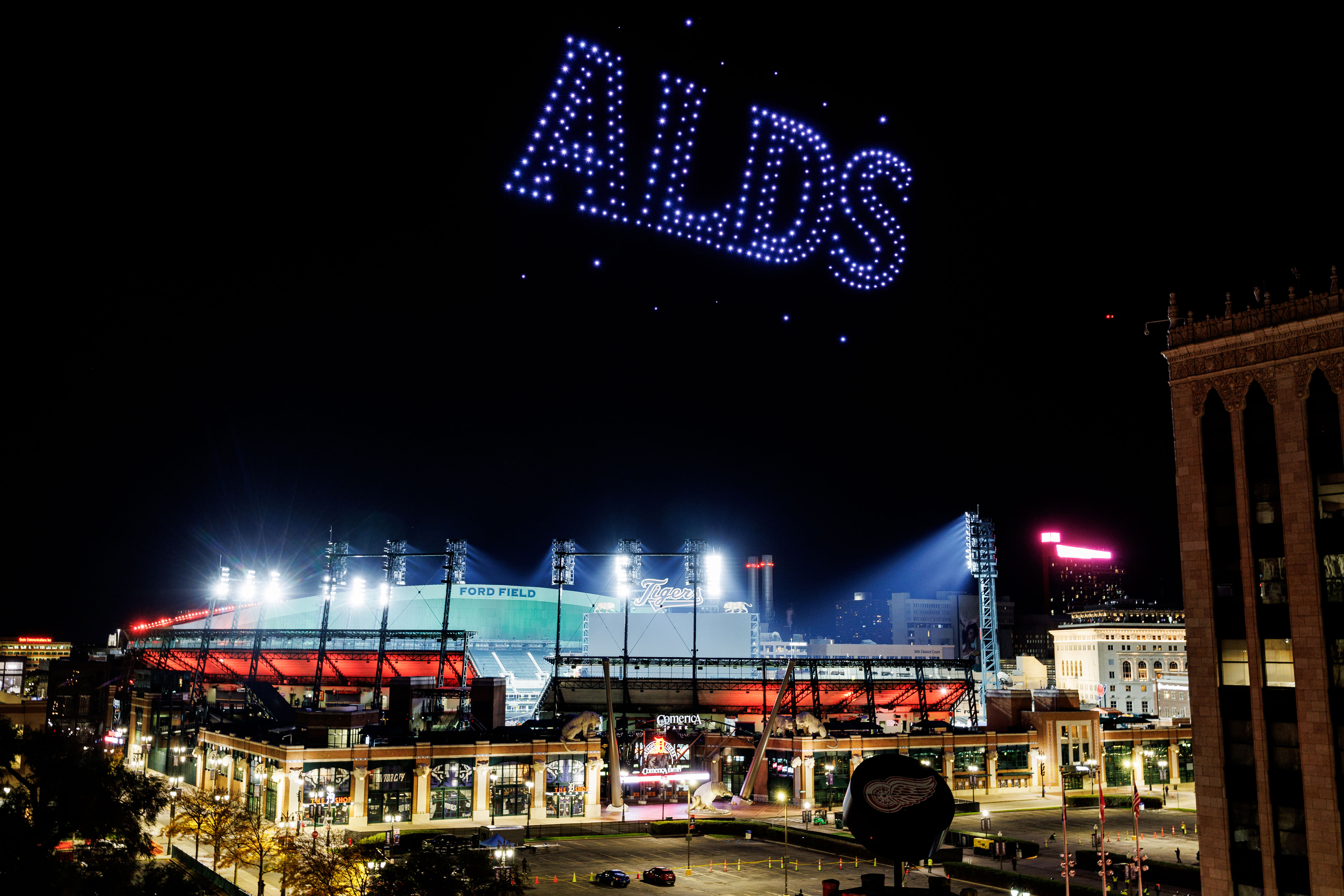 Tigers host free drone show for fans ahead of ALDS games in Detroit ...