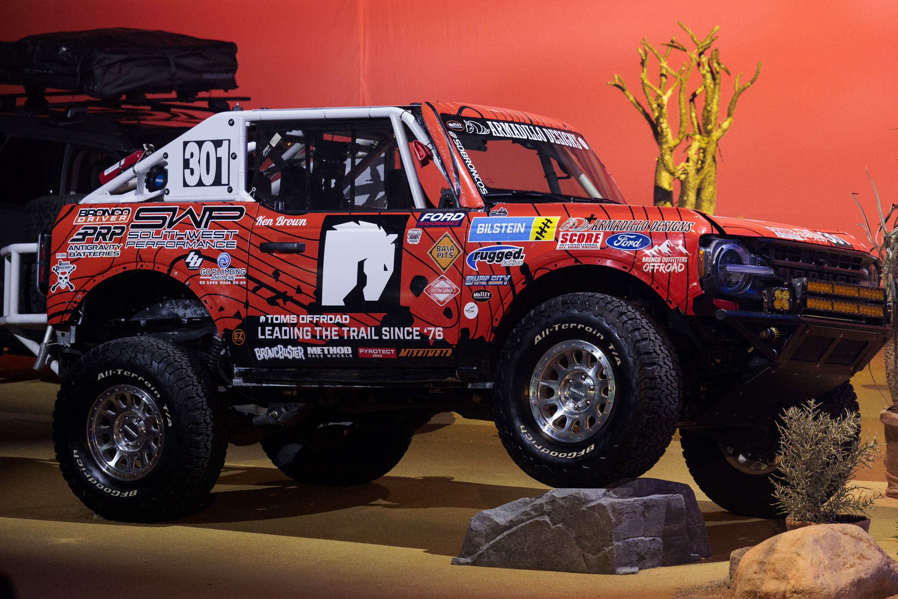 A Ford Bronco restored by 301 Racing that placed first in its class at the Baja 1,000 race is displayed during a Ford Motor Company event ahead of the Detroit Auto Show at Huntinton Place in Detroit on Tuesday, Jan. 13 2026.