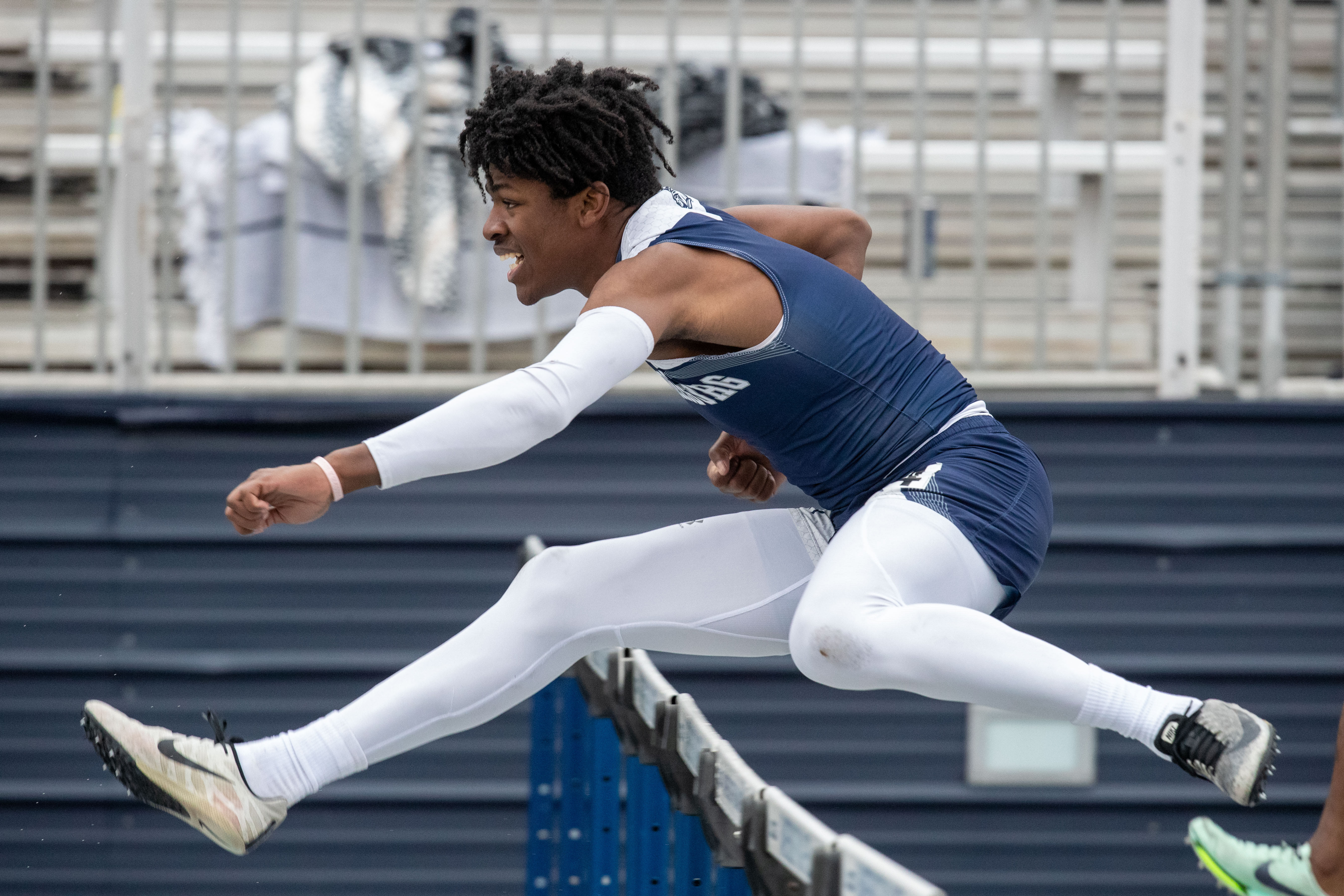 Jermere Jones, Chambersburg, wins the 110m hurdles in a time of 15.43, at the 2023 Tim Cook Memorial Invitational track & field meet at Chambersburg, Pa., Mar. 25, 2023.Mark Pynes | pennlive.com
