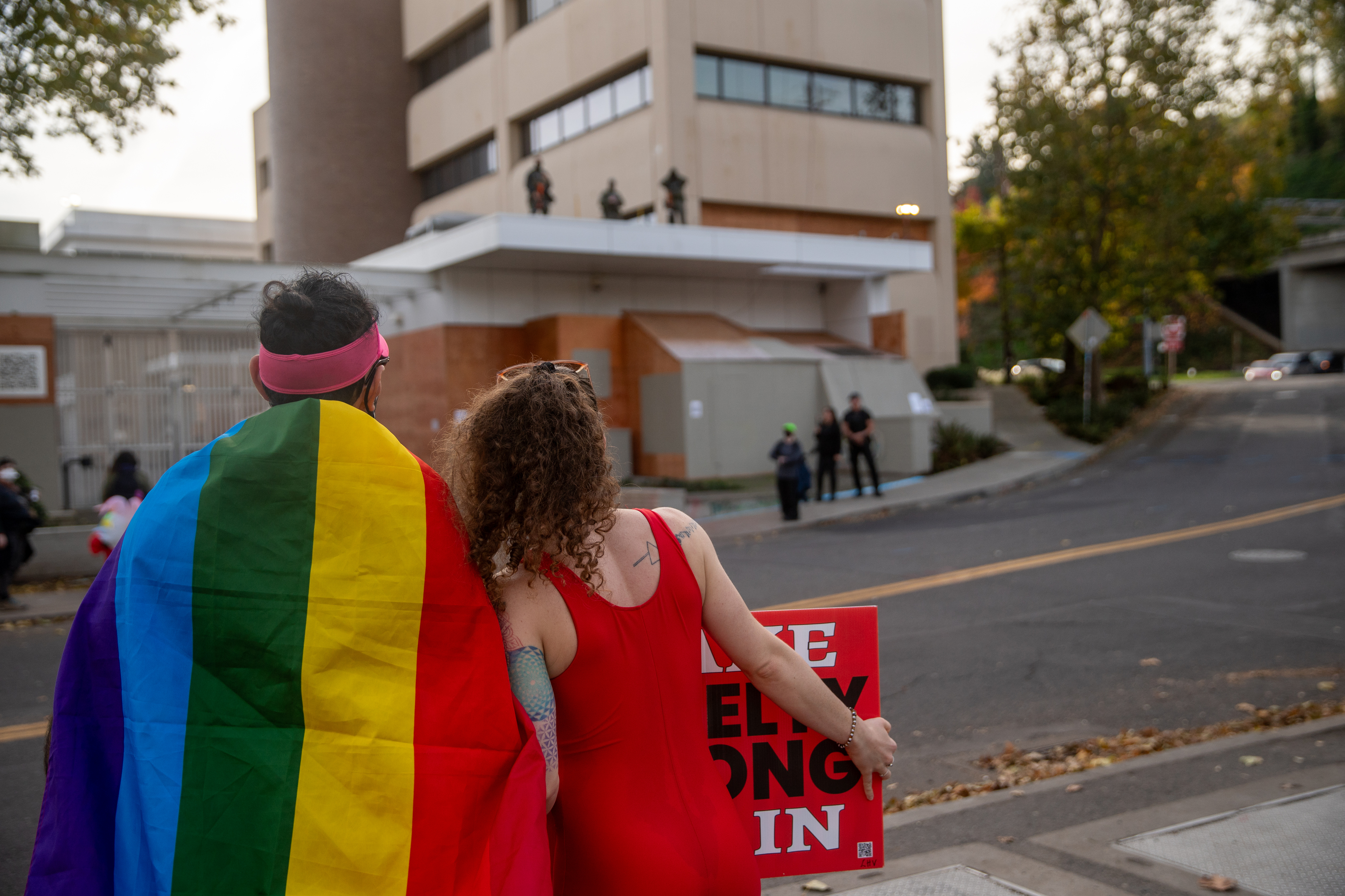 Participants in Fulcrum Fitness’s “Sweatin’ Out the Fascists” held an ’80s-aerobics peaceful protest outside the U.S. Immigration and Customs Enforcement (ICE) facility in South Portland on Sunday, Nov. 9, 2025, collecting donations for the Oregon Food Bank.