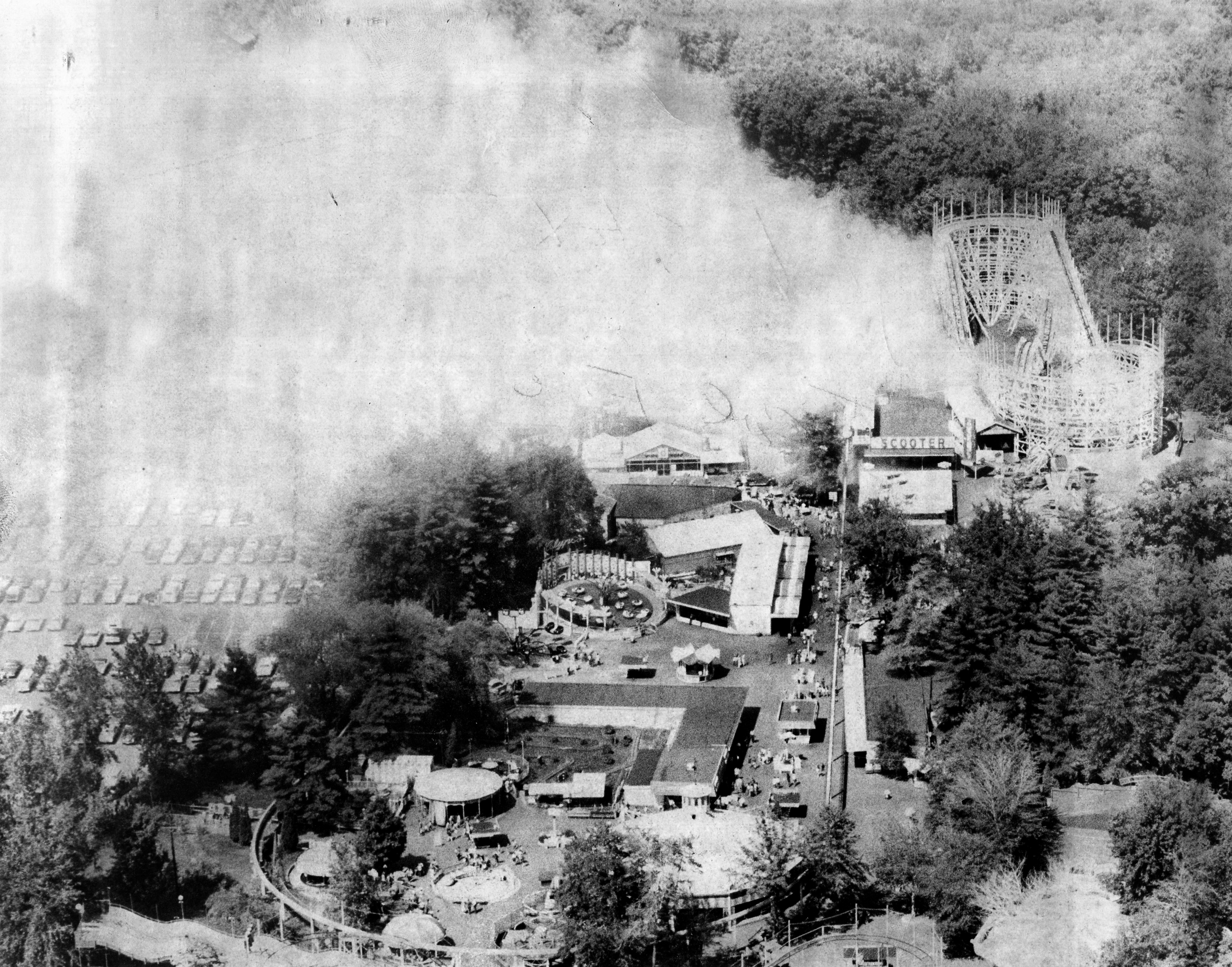 Sept.1 , 1971 - Agawam - Aerial photo showing smoke rising from what used to be the El Dorado Mine Train Ride at Riverside Park. The fire destroyed the ride and put the adjacent roller coaster out of commission. (Republican file photo) Staff-Shot