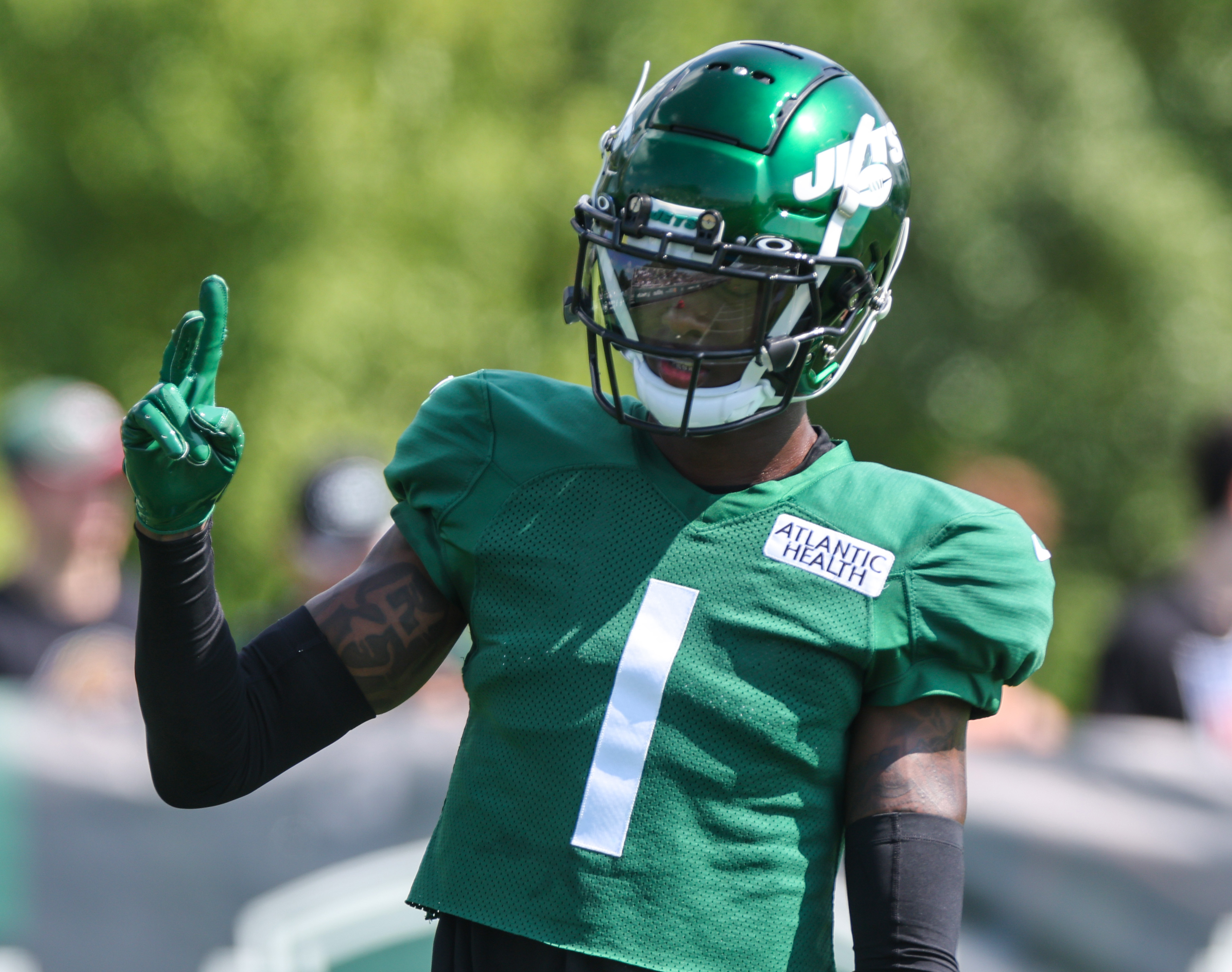 Florham Park, New Jersey, USA. August 2, 2022, Florham Park, New Jersey,  USA: New York Jets' linebacker Hamsah Nasirildeen (45) runs a drill during  Jets training camp at the Atlantic Health Jets