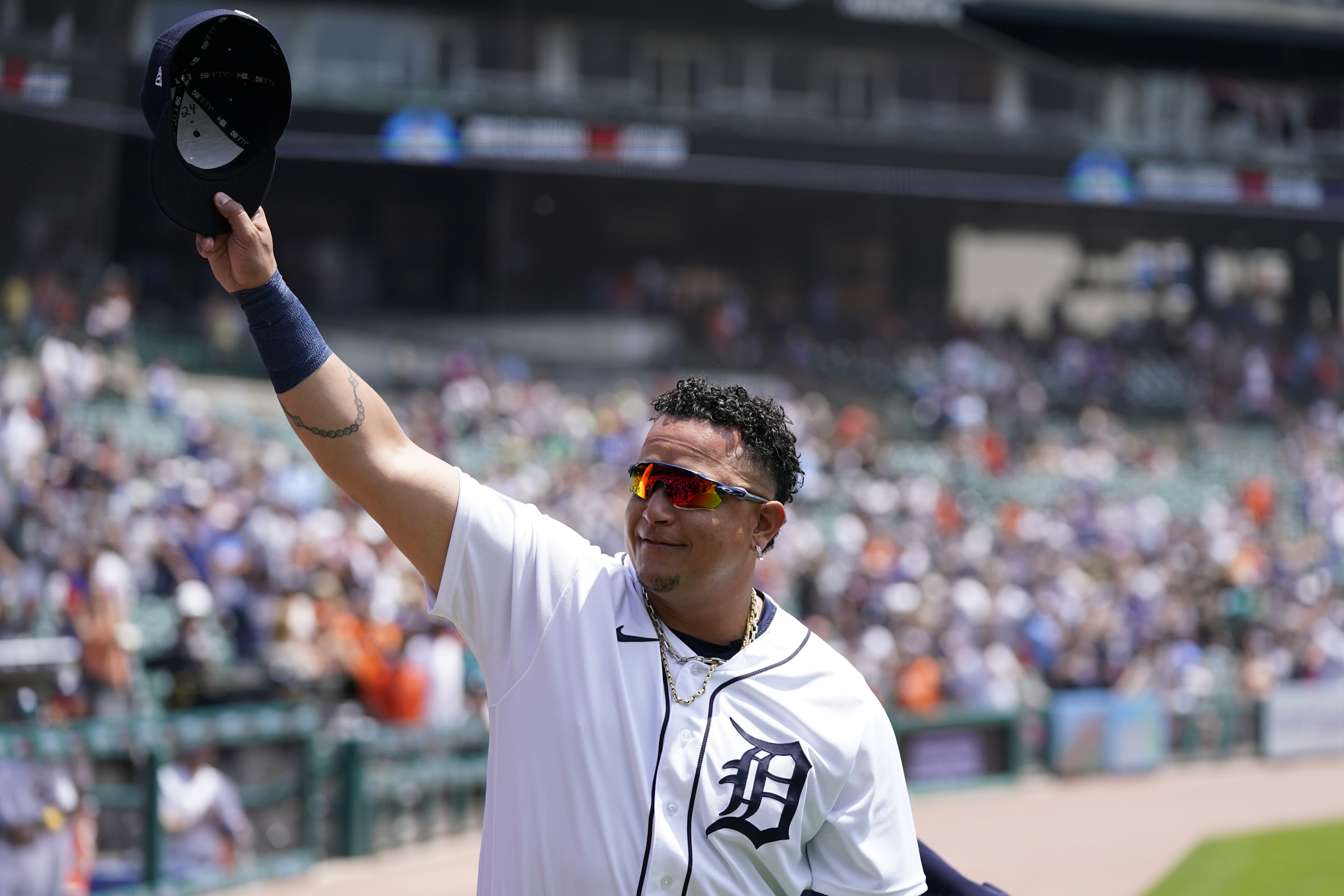 Detroit Tigers designated hitter Miguel Cabrera kisses his son Christopher  during a pregame ceremony of a baseball game against the Toronto Blue Jays,  Sunday, June 12, 2022, in Detroit. Cabrera was honored