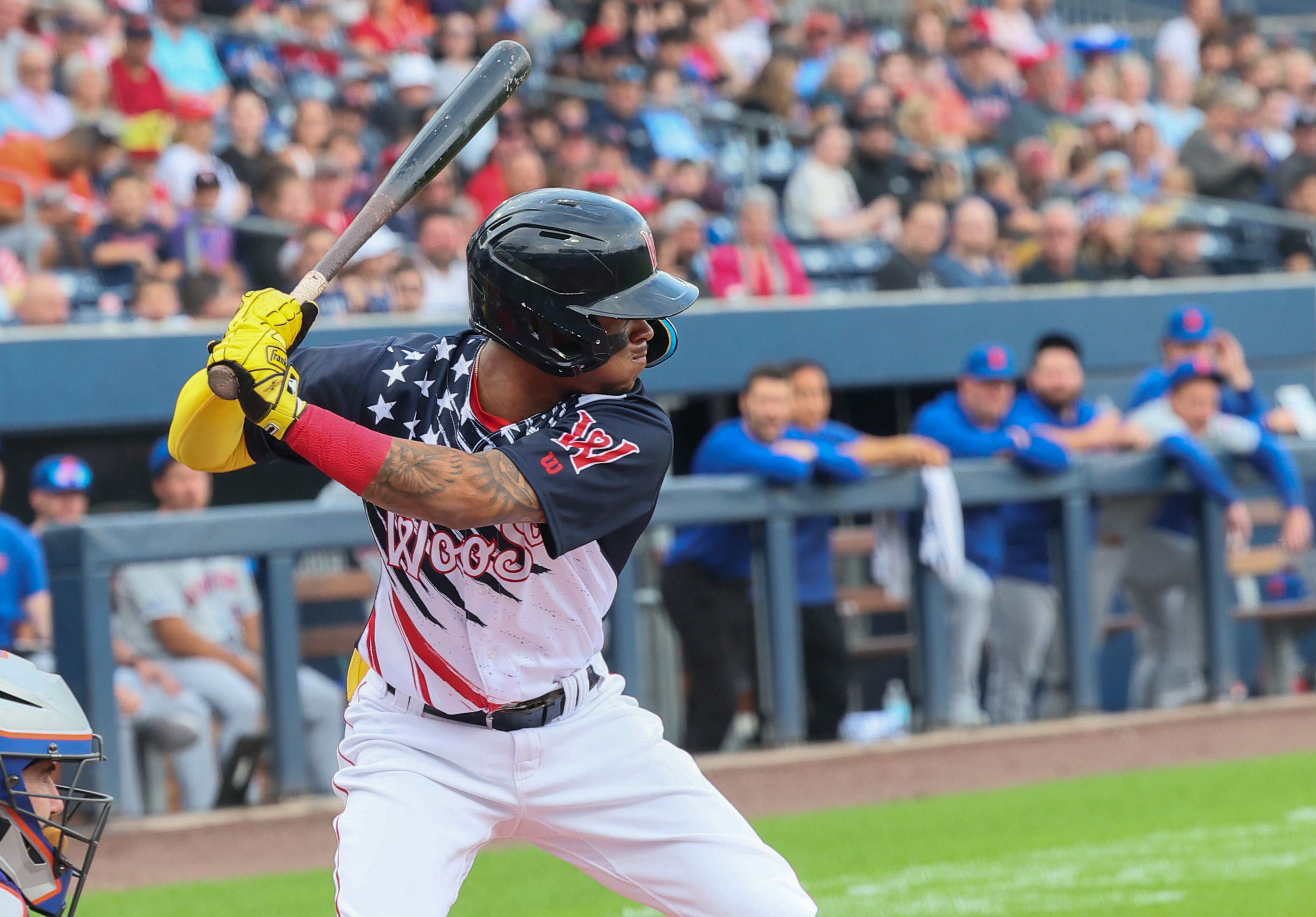 Worcester Red Sox infielder Daniel Palka takes an at bat during a