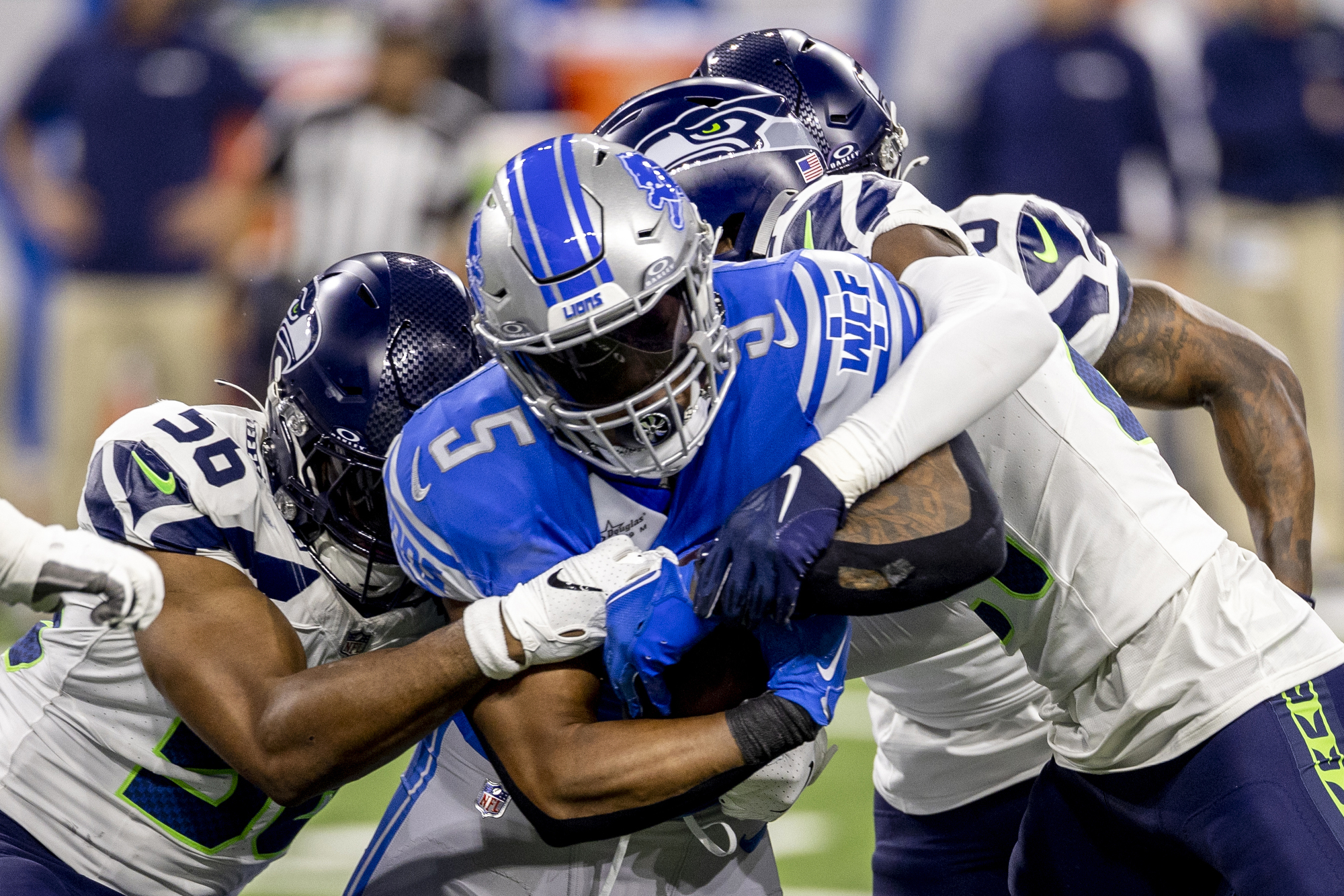 Detroit Lions linebacker Malcolm Rodriguez (44) pursues a play on defense  against the Miami Dolphins during an NFL football game, Sunday, Oct. 30,  2022, in Detroit. (AP Photo/Rick Osentoski Stock Photo - Alamy