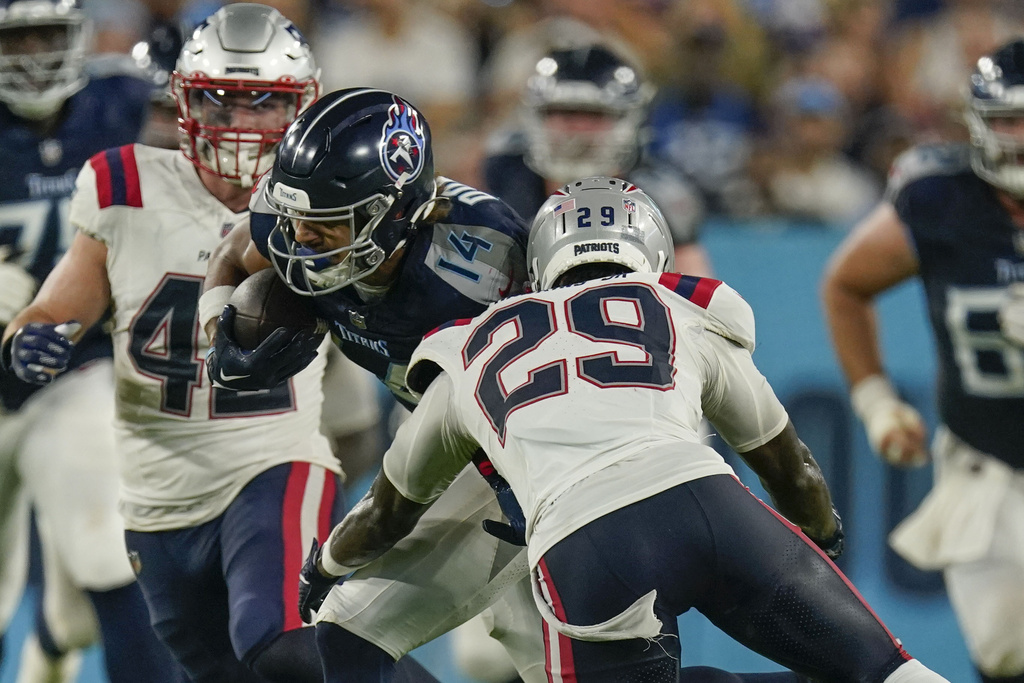 New England Patriots safety Brad Hawkins (35) plays against the Las Vegas  Raiders during an NFL preseason football game, Friday, Aug. 26, 2022, in  Las Vegas. (AP Photo/John Locher Stock Photo - Alamy