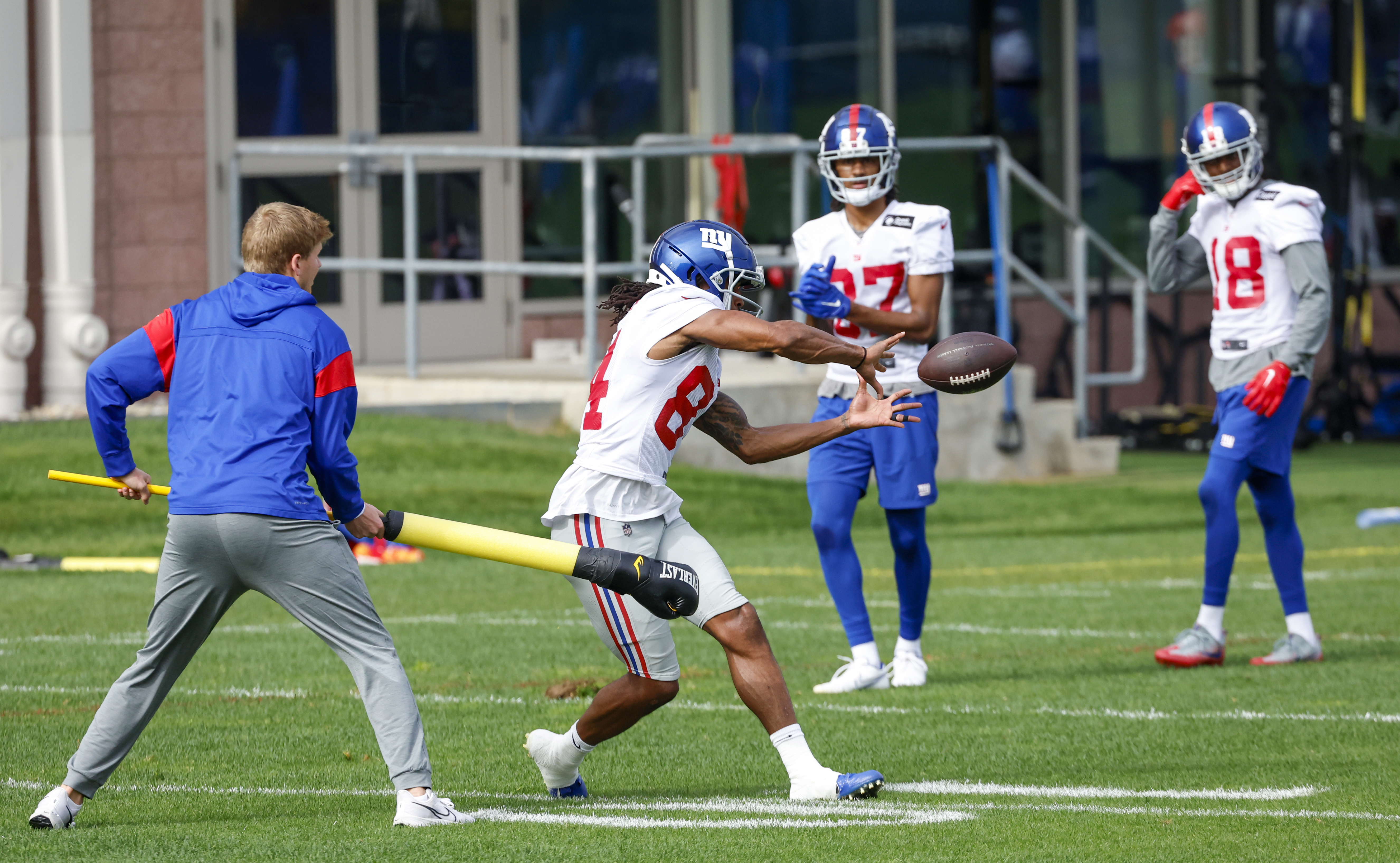New York Giants wide receiver Marcus Johnson (84) makes a catch during practice on Wednesday, Oct. 26, 2022. 