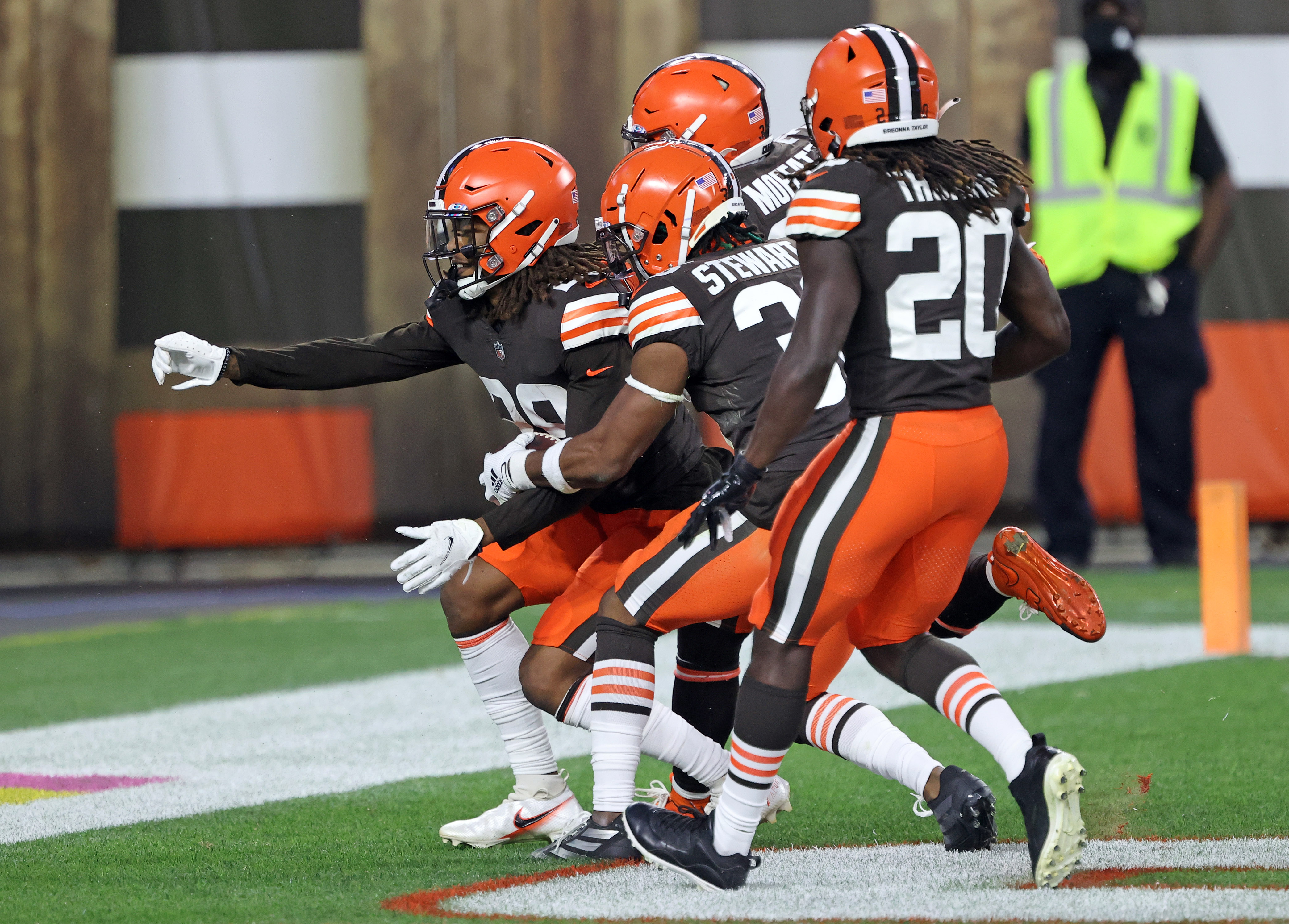 Cleveland Browns defensive backs Ronnie Harrison Jr. and Sheldrick Redwine  vs. Indianapolis Colts, October 11, 2020 