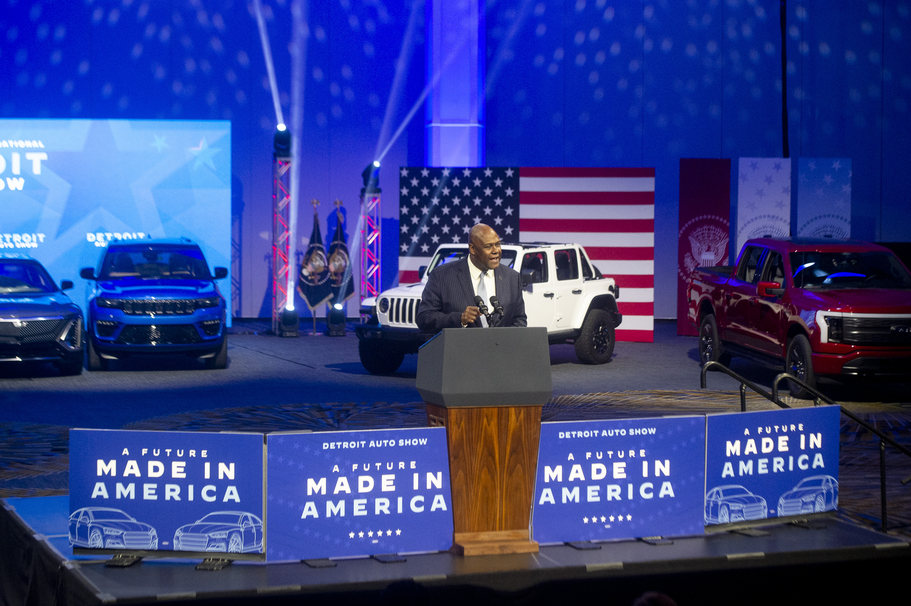 UAW President Ray Curry speaks during the 2022 North American International Auto Show at Huntington Place in Detroit on Wednesday, Sept. 14 2022.