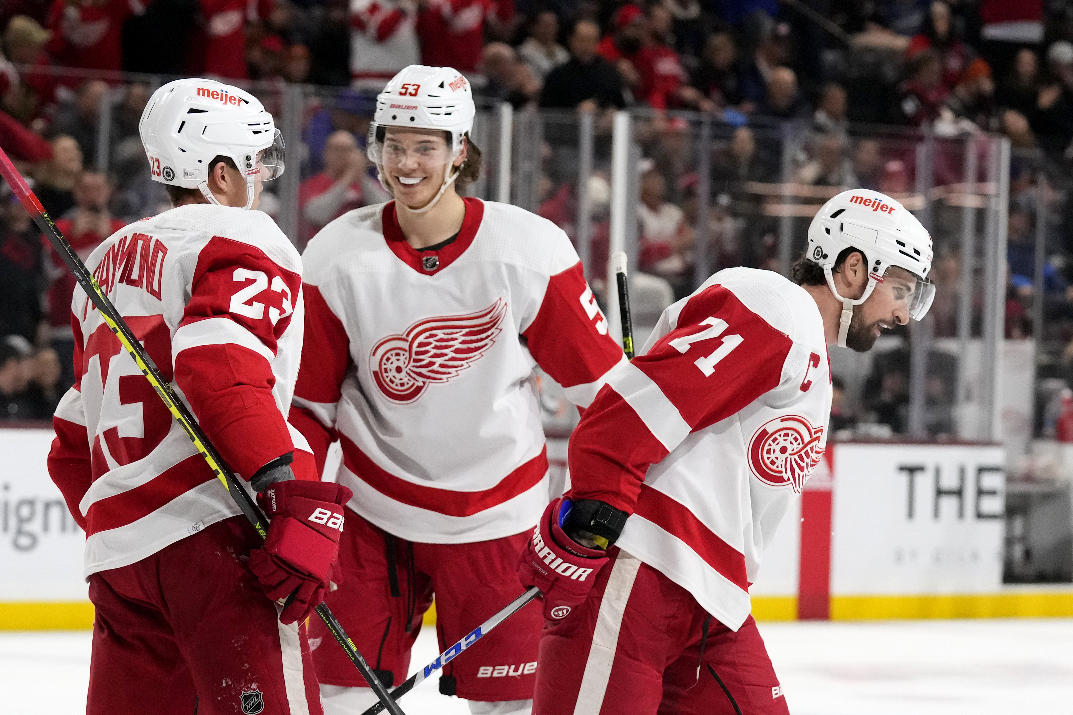 Moritz Seider Detroit Red Wings Autographed 16 x 20 Jersey Skating Photograph