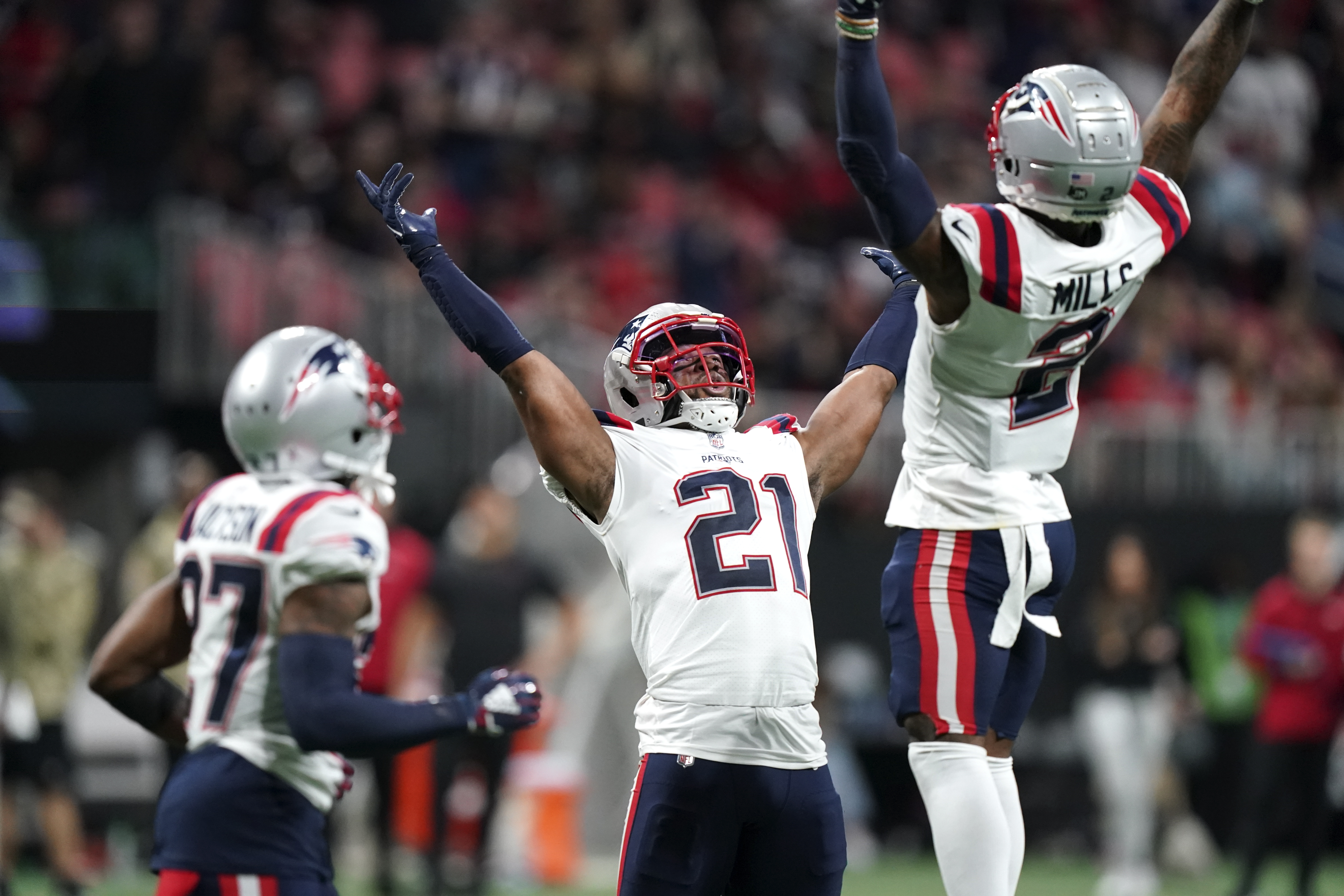 New England Patriots safety Jalen Mills (2) defends during the second half  of an NFL football game against the Chicago Bears, Monday, Oct. 24, 2022,  in Foxborough, Mass. (AP Photo/Stew Milne Stock