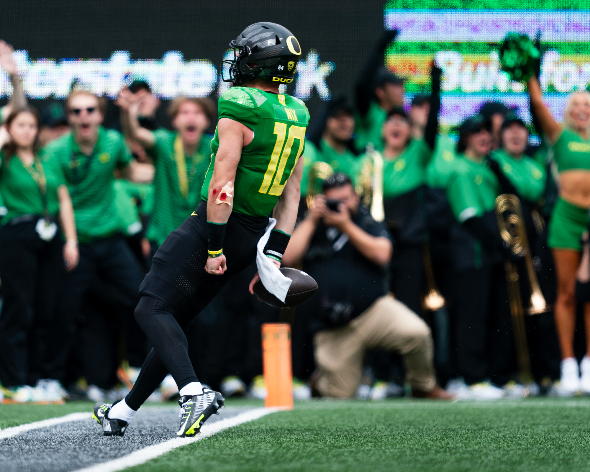 Quarterback Bo Nix (10) of the Oregon Ducks celebrates after scoring a touchdown during the first half of the game against the Colorado Buffaloes on Saturday, Sept. 23, 2023, at Autzen Stadium in Eugene.